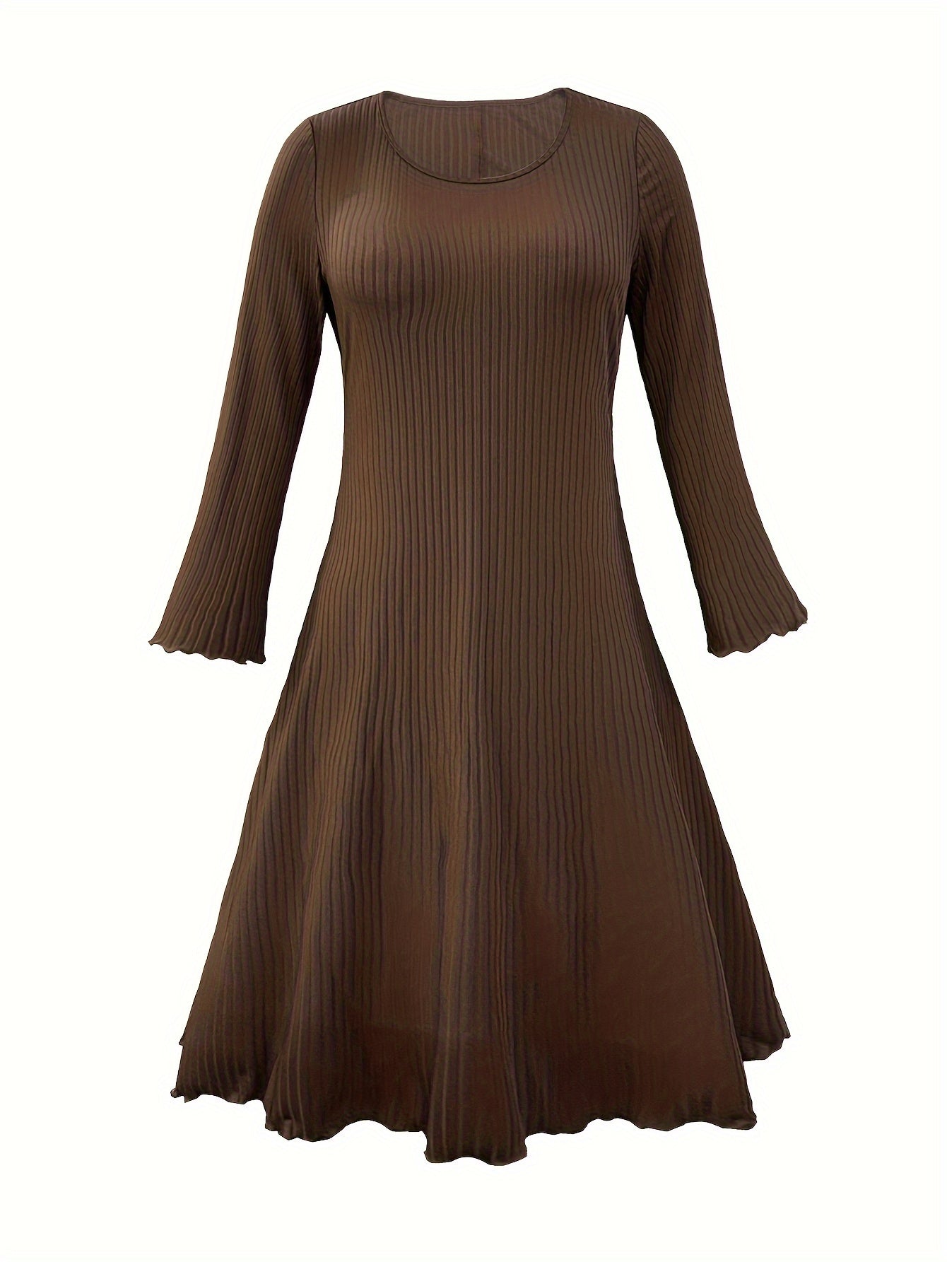 vlovelaw Plus Size Basic Dress, Women's Plus Solid Ribbed Bell Sleeve Round Neck Slight Stretch Dress