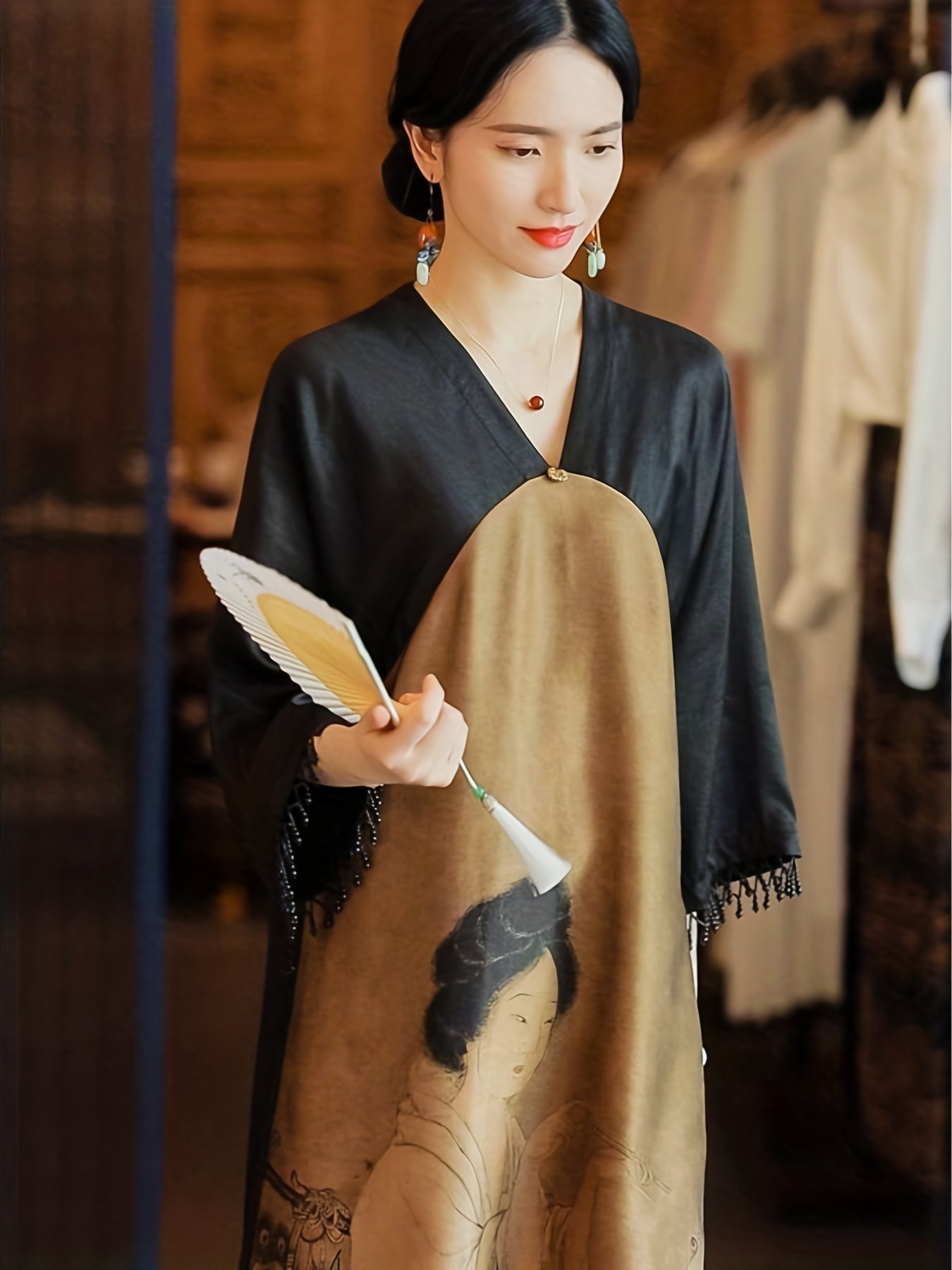 Color Block V Neck Cheongsam Dress, Vintage Split Neo-Chinese Style Qipao Dress, Women's Clothing