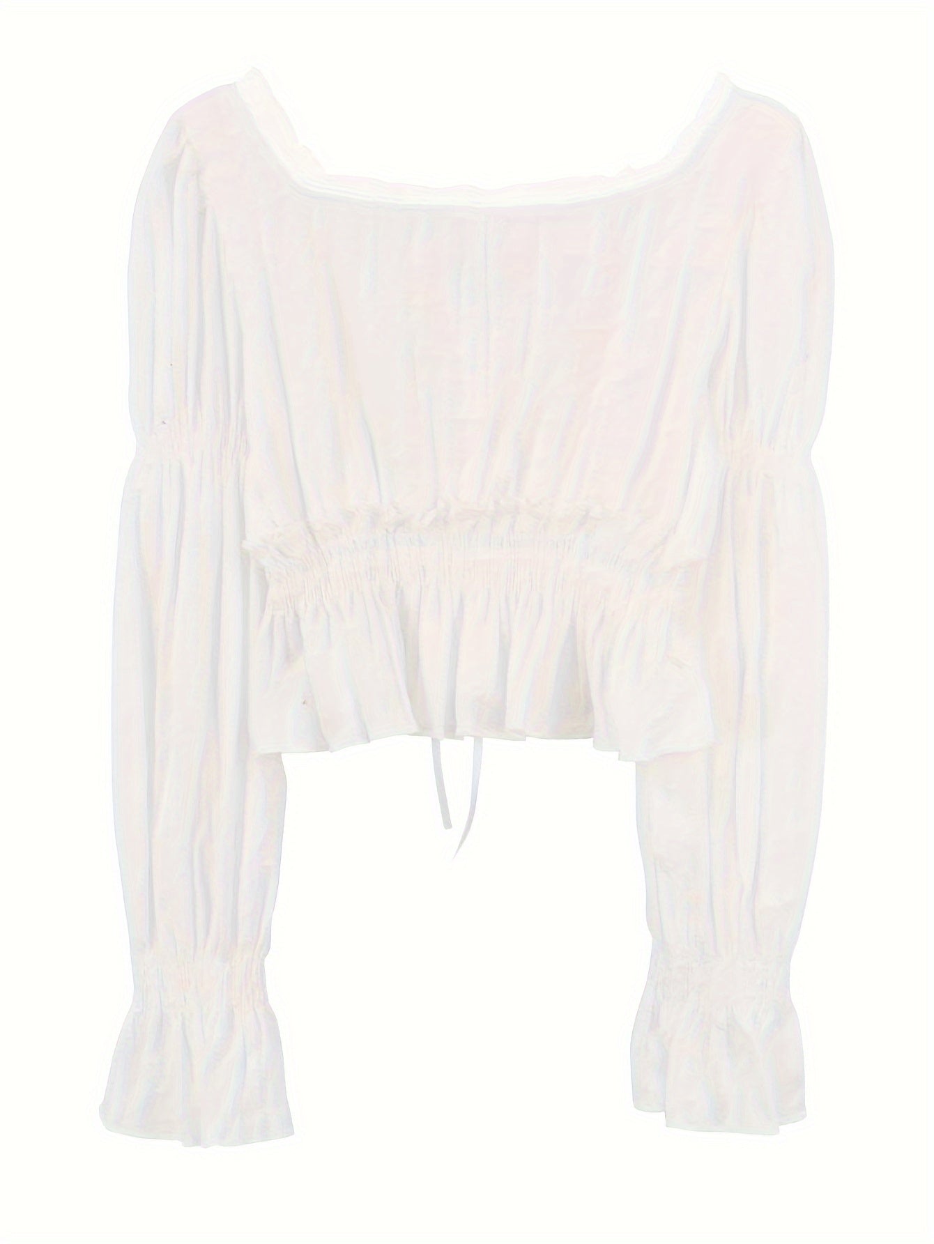 vlovelaw Ruffle Trim Queen Anne Neck Blouse, Chic Puff Sleeve Cinched Waist Crop Blouse For Spring & Fall, Women's Clothing