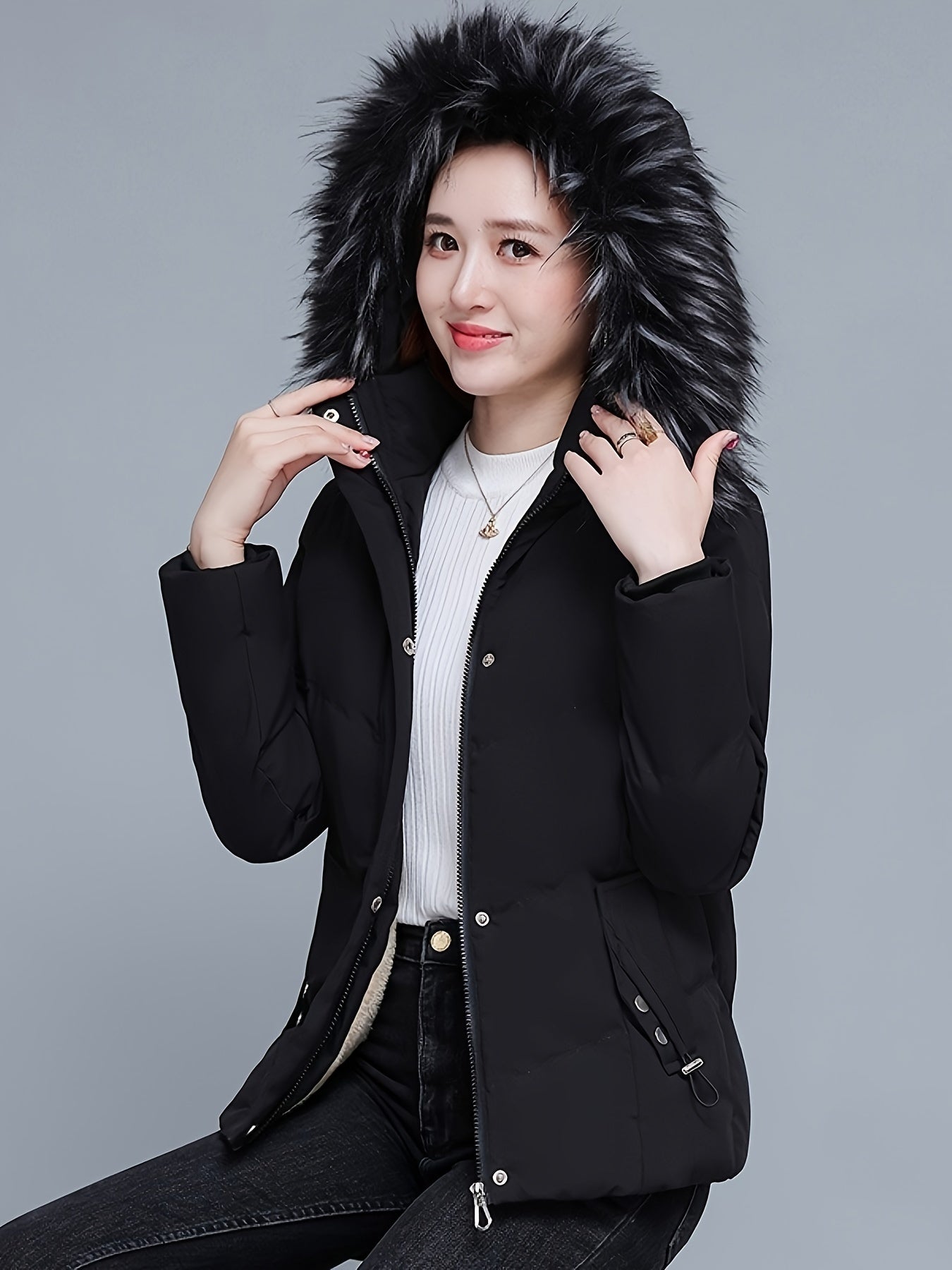 Elegant Women's Winter Coat with Faux Fur Collar - Warm, Thickened Polyester, Zip-Up, Long Sleeve - Chic Solid Color