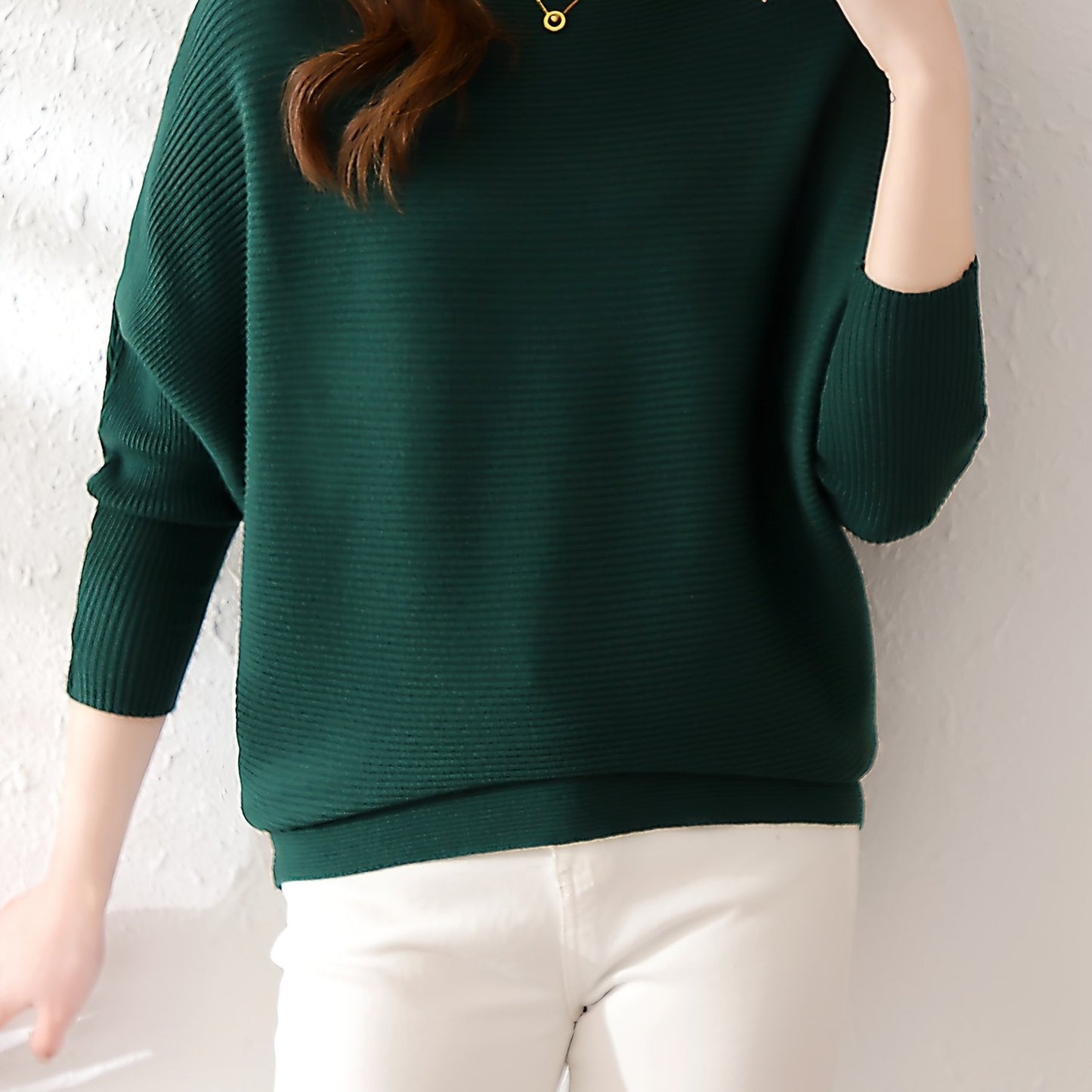 Solid Batwing Sleeve Knit Sweater, Casual Boat Neck Sweater For Spring & Fall, Women's Clothing