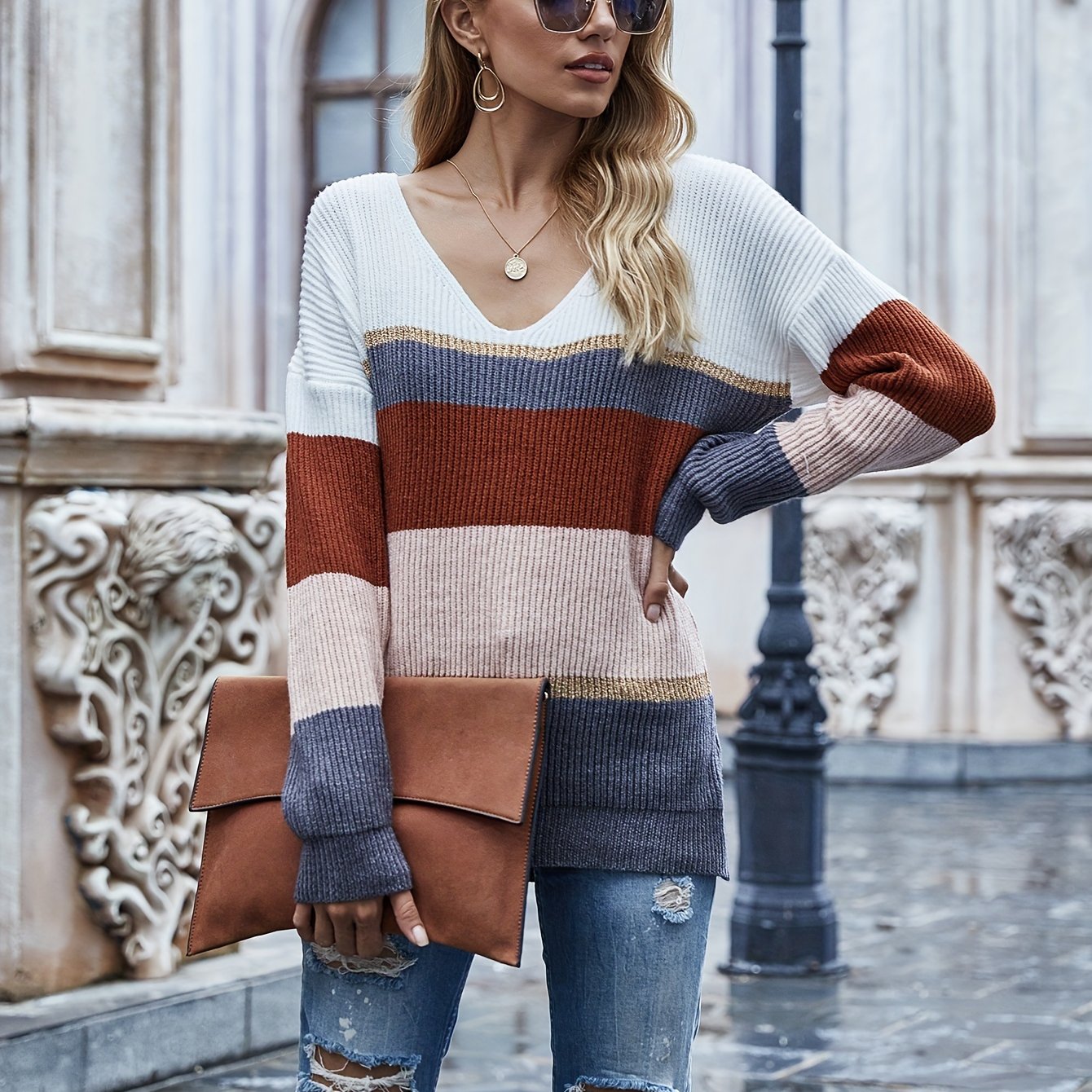 vlovelaw Color Block V Neck Pullover Sweater, Elegant Long Sleeve Drop Shoulder Sweater, Women's Clothing