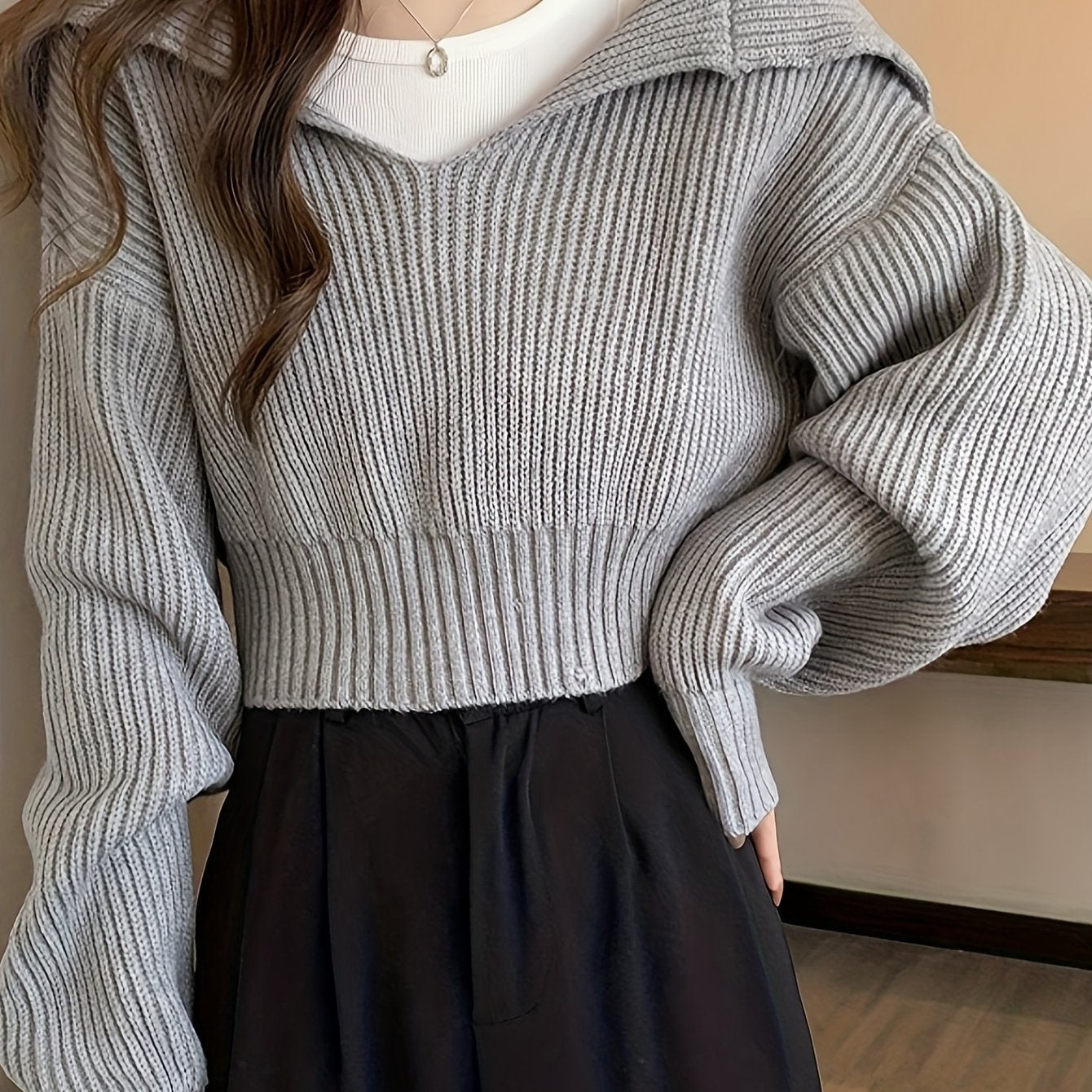 vlovelaw Waterfall Collar Solid Knit Sweater, Casual Loose Drop Shoulder Long Sleeve Sweater, Women's Clothing