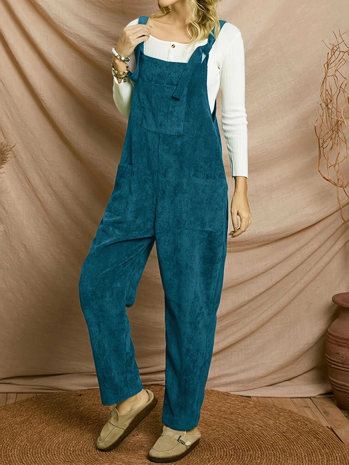 Solid Corduroy Overall Jumpsuit, Casual Patched Pockets Overall Jumpsuit For Spring & Fall, Women's Clothing