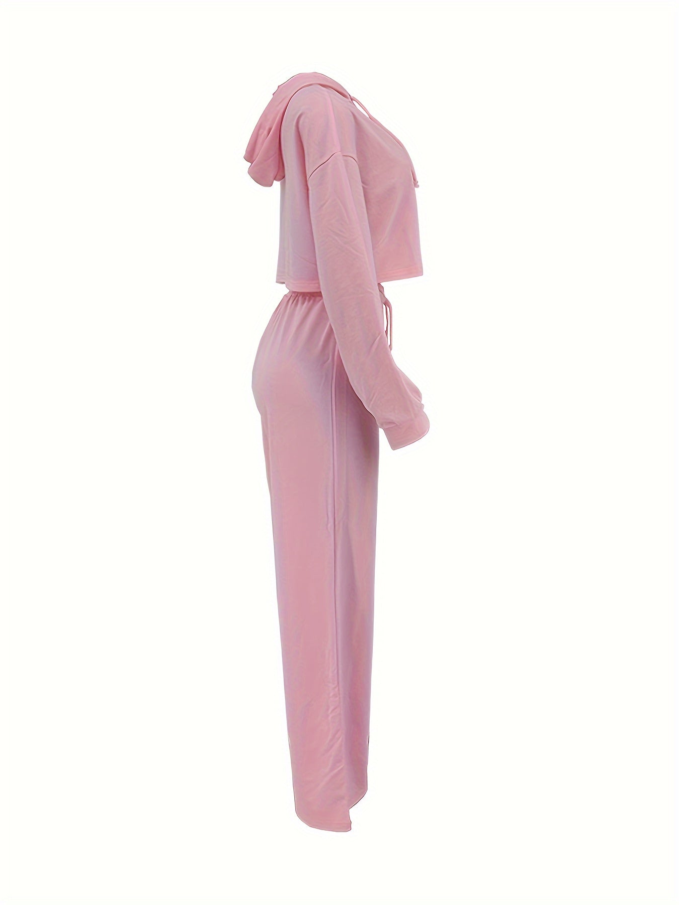 vlovelaw Casual Solid Two-piece Pants Set, Long Sleeve Zipper Front Hooded Top & Drawstring Wide Leg Pants Outfits, Women's Clothing