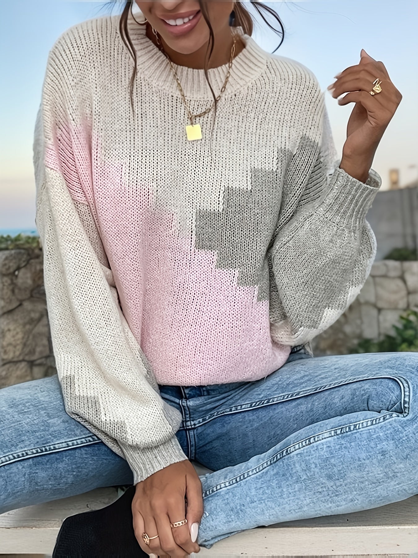 vlovelaw Color Block Crew Neck Sweater, Casual Long Sleeve Drop Shoulder Sweater, Women's Clothing