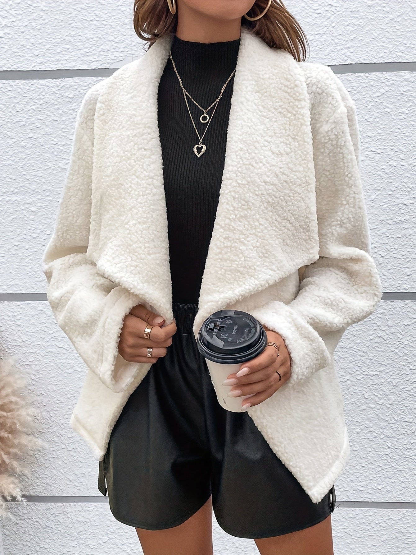 vlovelaw Fuzzy Waterfall Collar Coat, Casual Open Front Long Sleeve Warm Outerwear, Women's Clothing