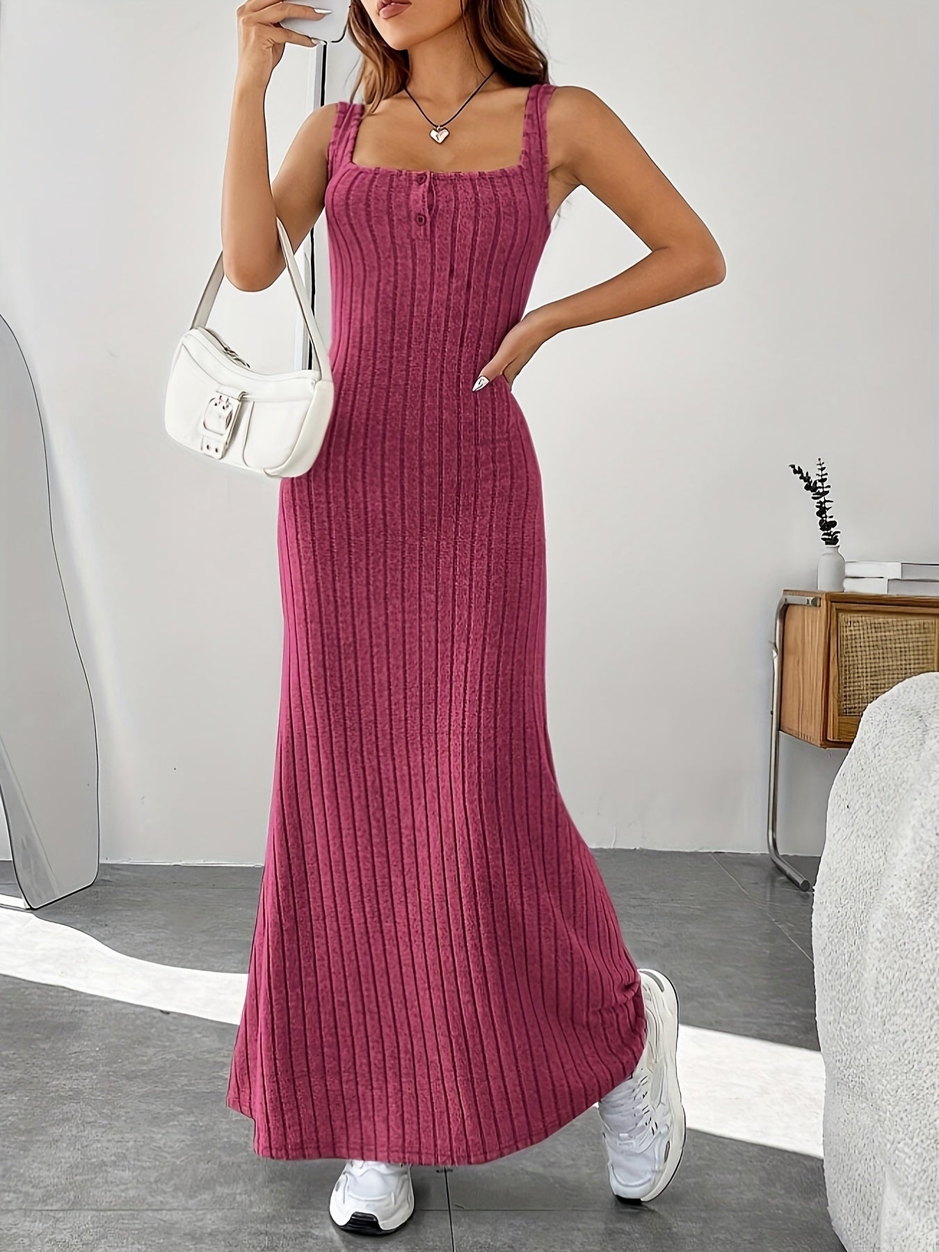 vlovelaw Solid Button Front Tank Dress, Versatile Square Neck Sleeveless Slim Dress For Spring & Summer, Women's Clothing