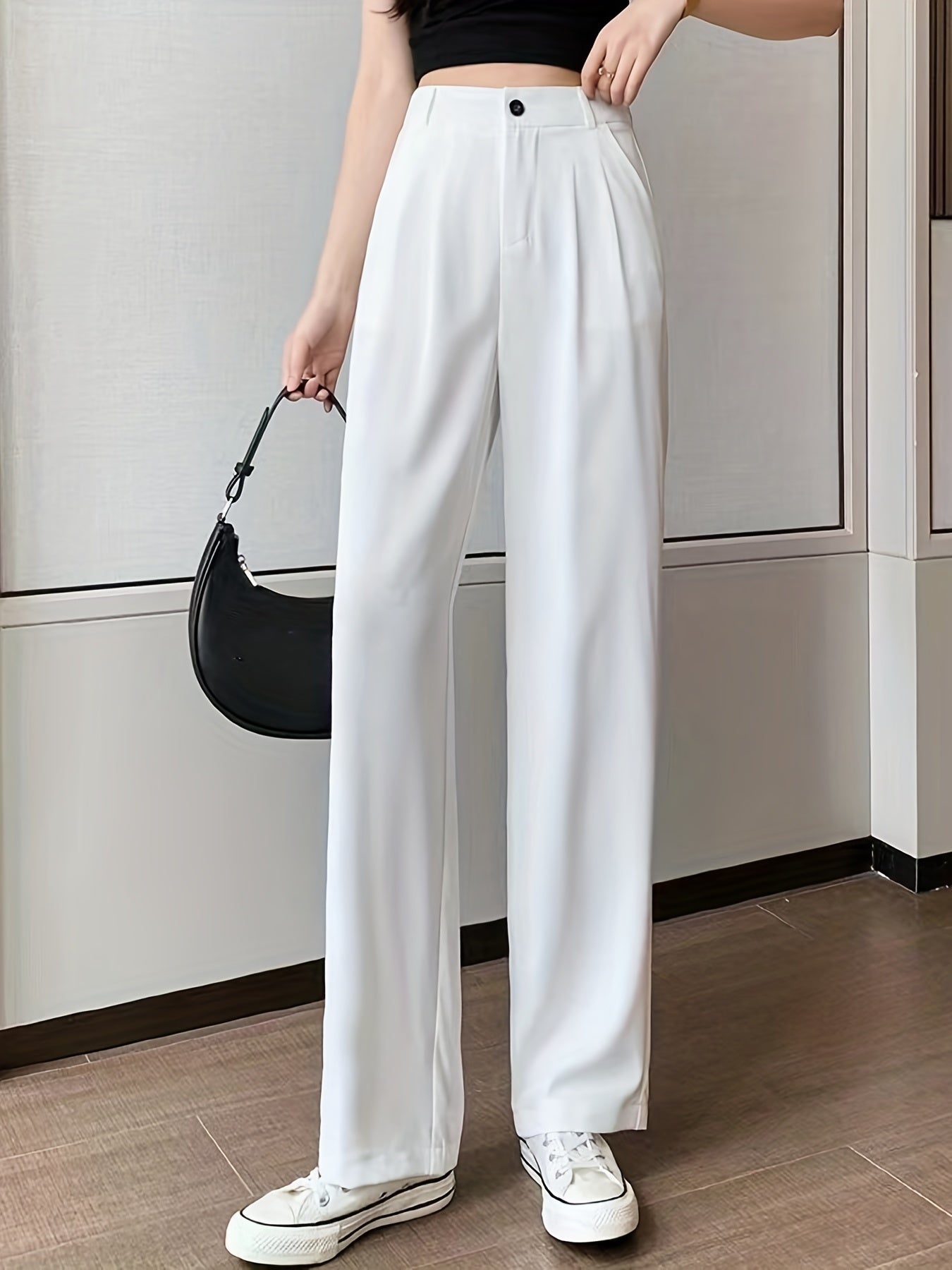 vlovelaw Solid High Waist Draped Long Length Pants, Casual Loose Spring & Autumn Pants, Women's Clothing