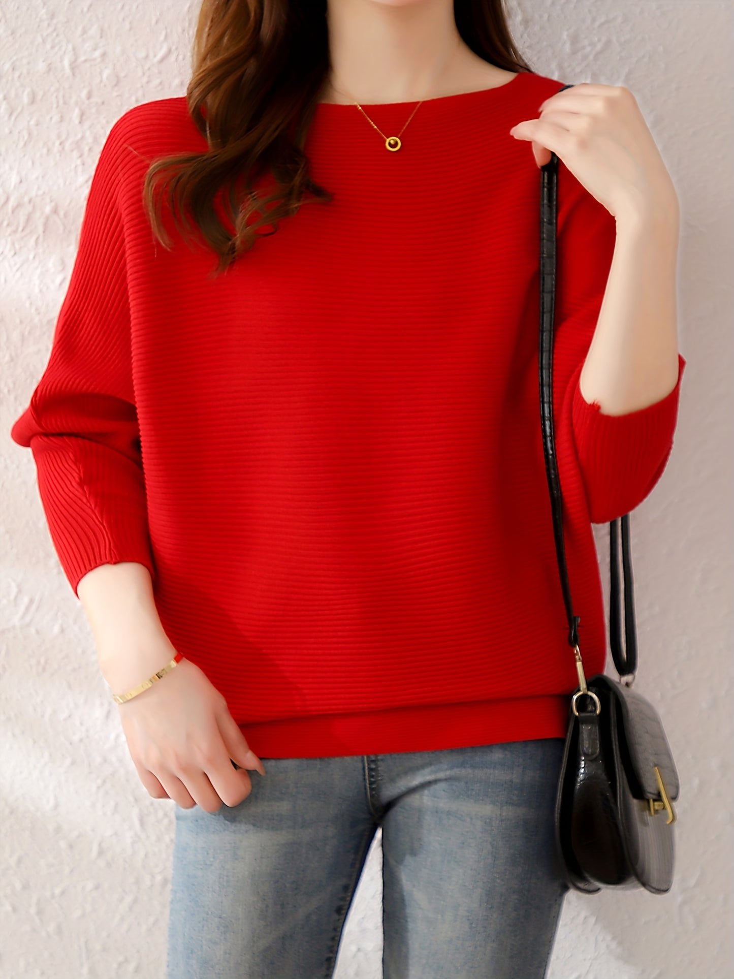 Solid Batwing Sleeve Knit Sweater, Casual Boat Neck Sweater For Spring & Fall, Women's Clothing