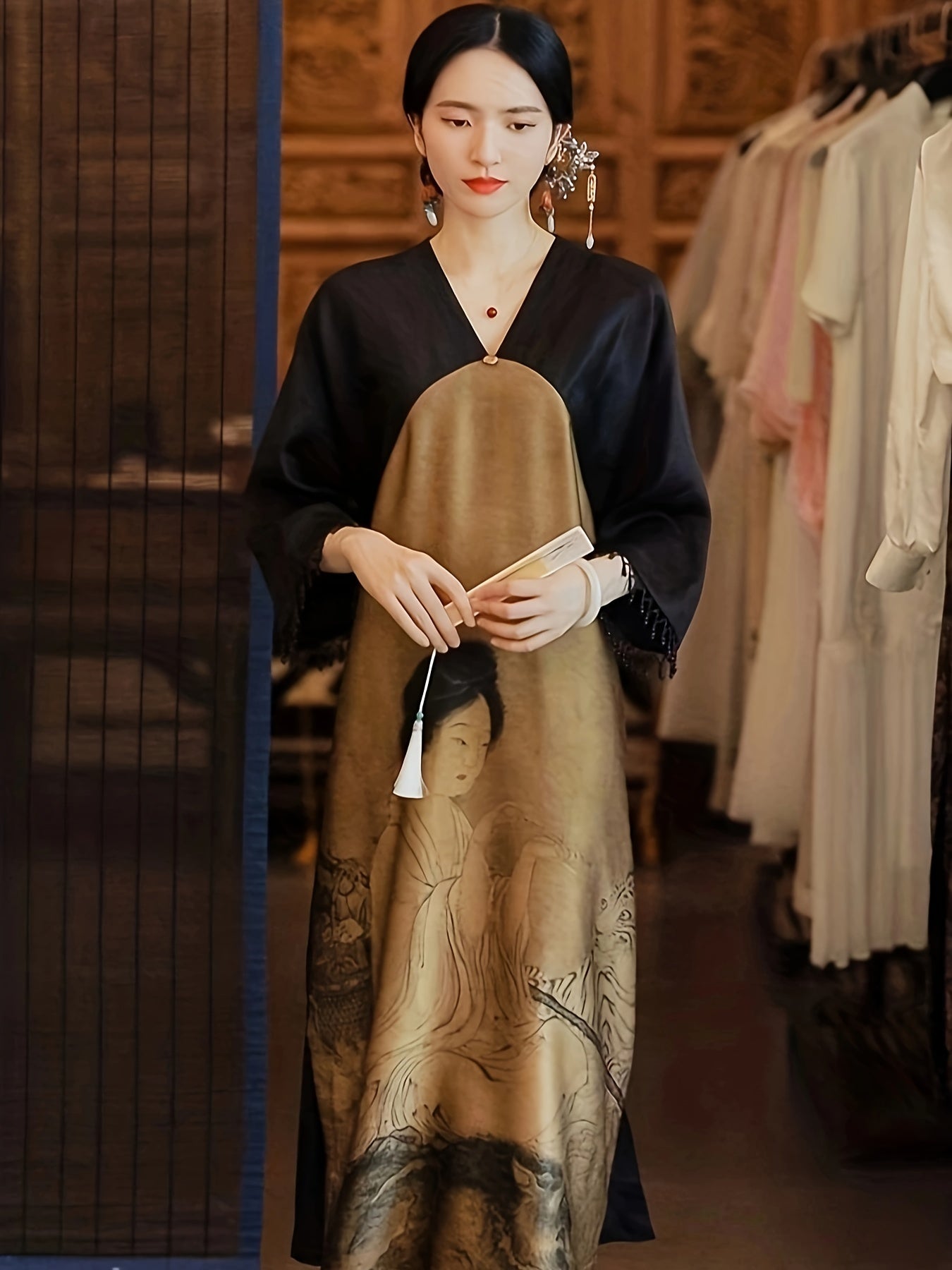 Color Block V Neck Cheongsam Dress, Vintage Split Neo-Chinese Style Qipao Dress, Women's Clothing