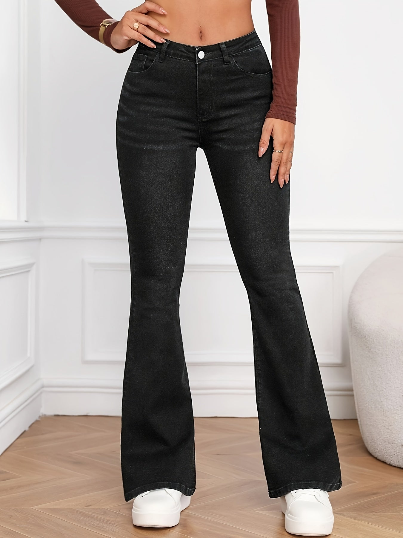 vlovelaw Plain Slant Pockets Bootcut Jeans, Mid-Stretch Casual Denim Pants, Women's Denim Jeans & Clothing