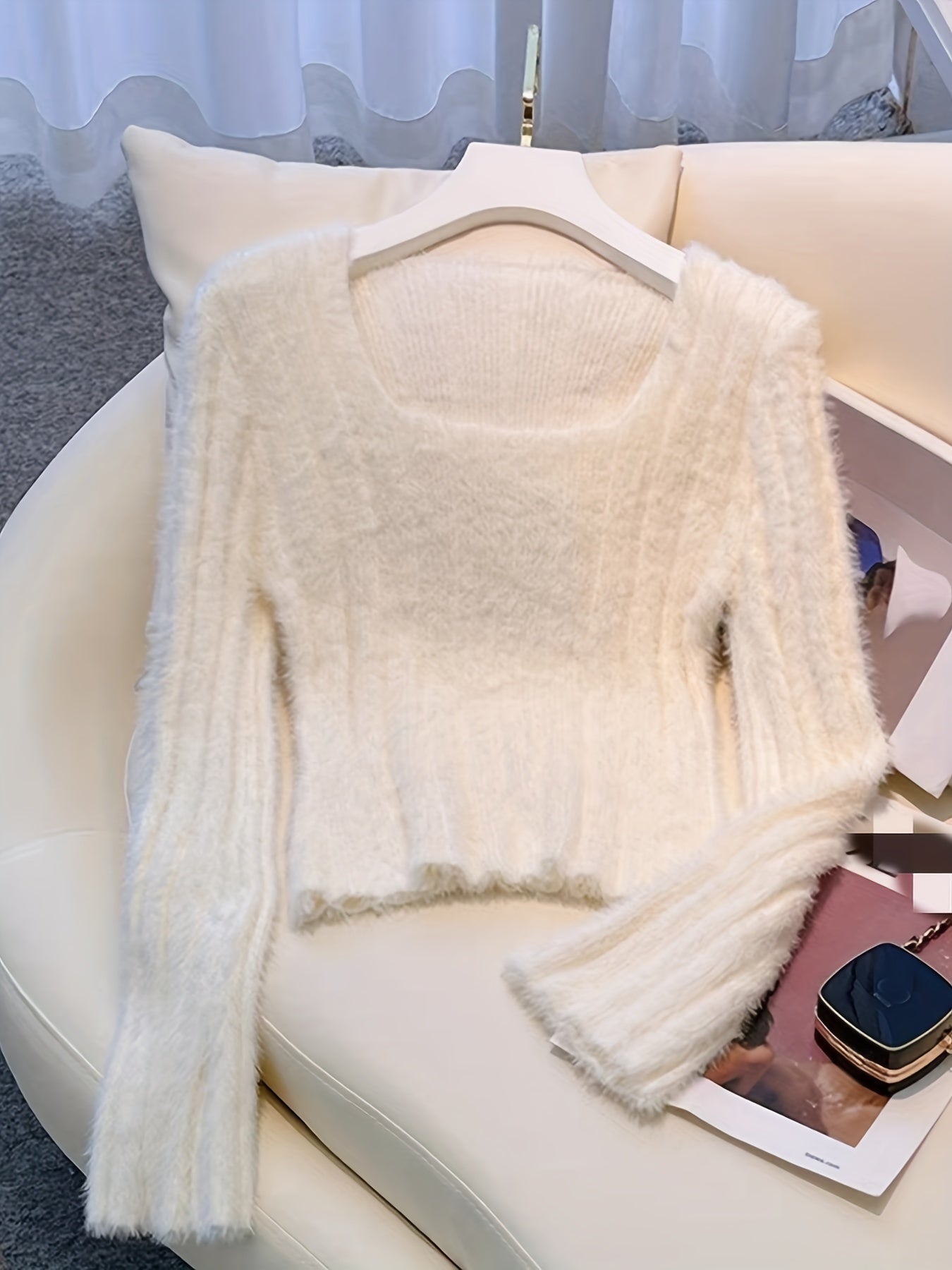 Solid Square Neck Pullover Sweater, Casual Long Sleeve Sweater, Women's Clothing