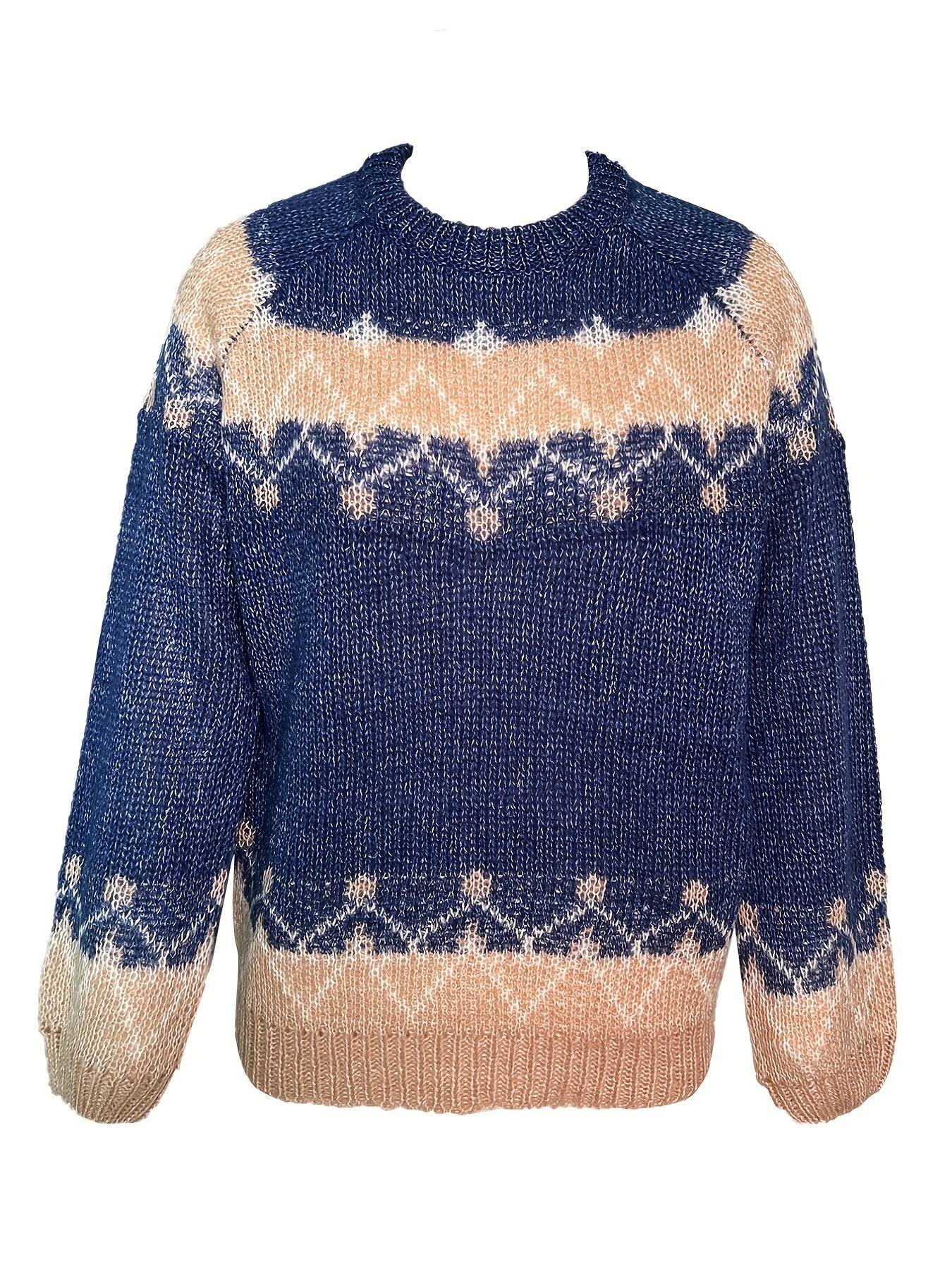 Color Block Mohair Chunky Knit Pullover Sweater, Casual Long Sleeve Raglan Shoulder Sweater For Fall & Winter, Women's Clothing