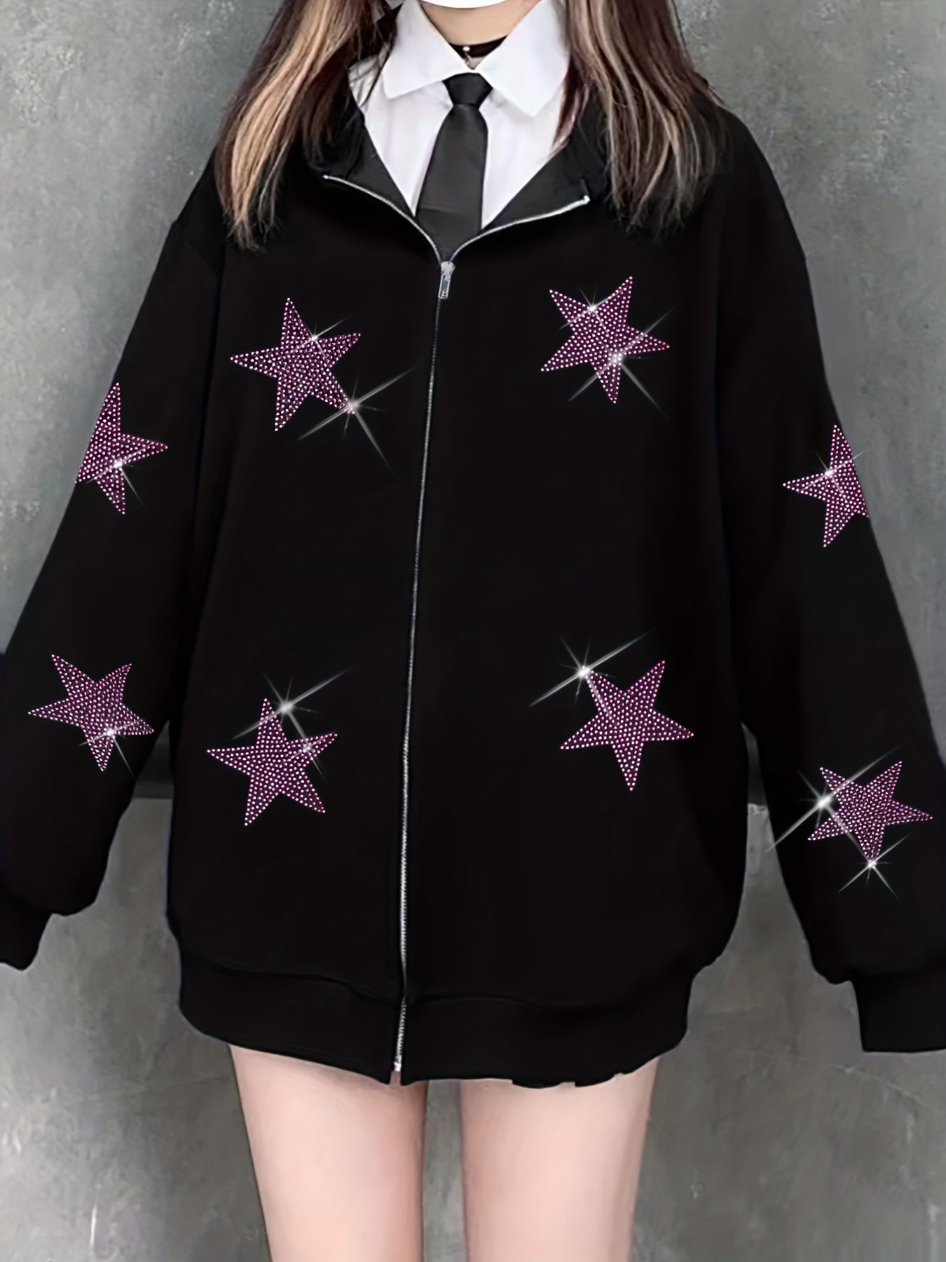 vlovelaw Star Rhinestone Zip Up Hoodie, Casual Long Sleeve Hoodies Sweatshirt, Women's Clothing