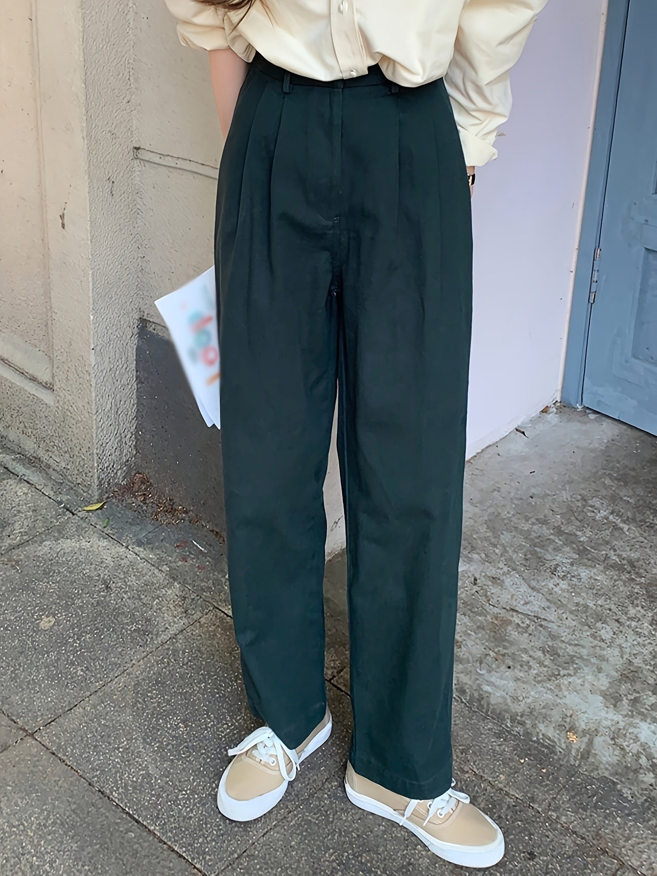 vlovelaw Button Front Straight Leg Pants, Versatile Solid Pants For Fall & Winter, Women's Clothing