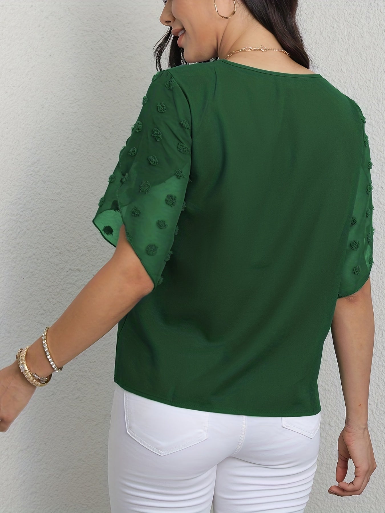 vlovelaw Swiss Dot Half Sleeve Blouse, Casual Solid Crew Neck Summer Blouse, Women's Clothing