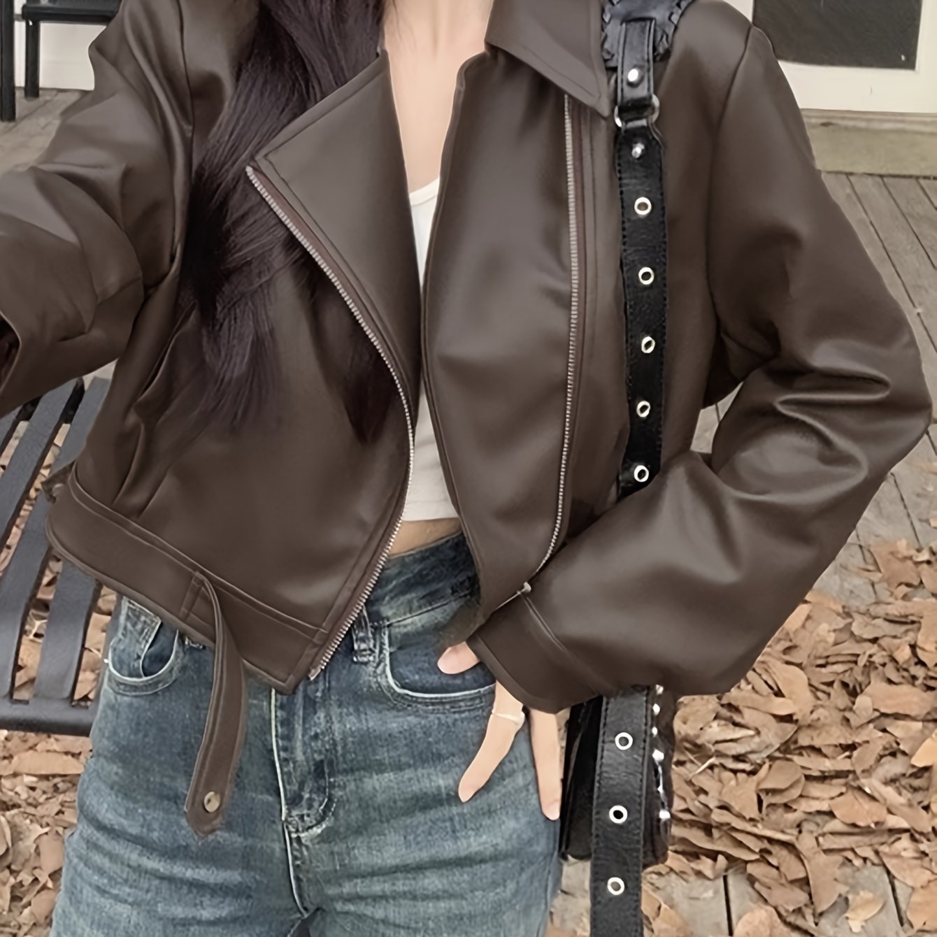 Faux Leather Zip-up Jacket, Casual Long Sleeve Crop Biker Jacket For Fall & Winter, Women's Clothing