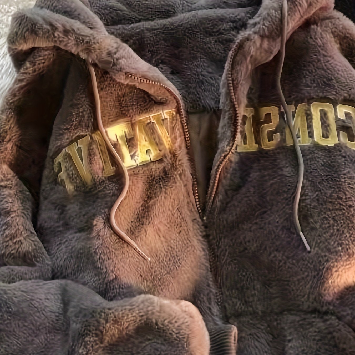 Embroidered Fuzzy Hooded Coat, Casual Drawstring Zip Up Outerwear, Women's Clothing