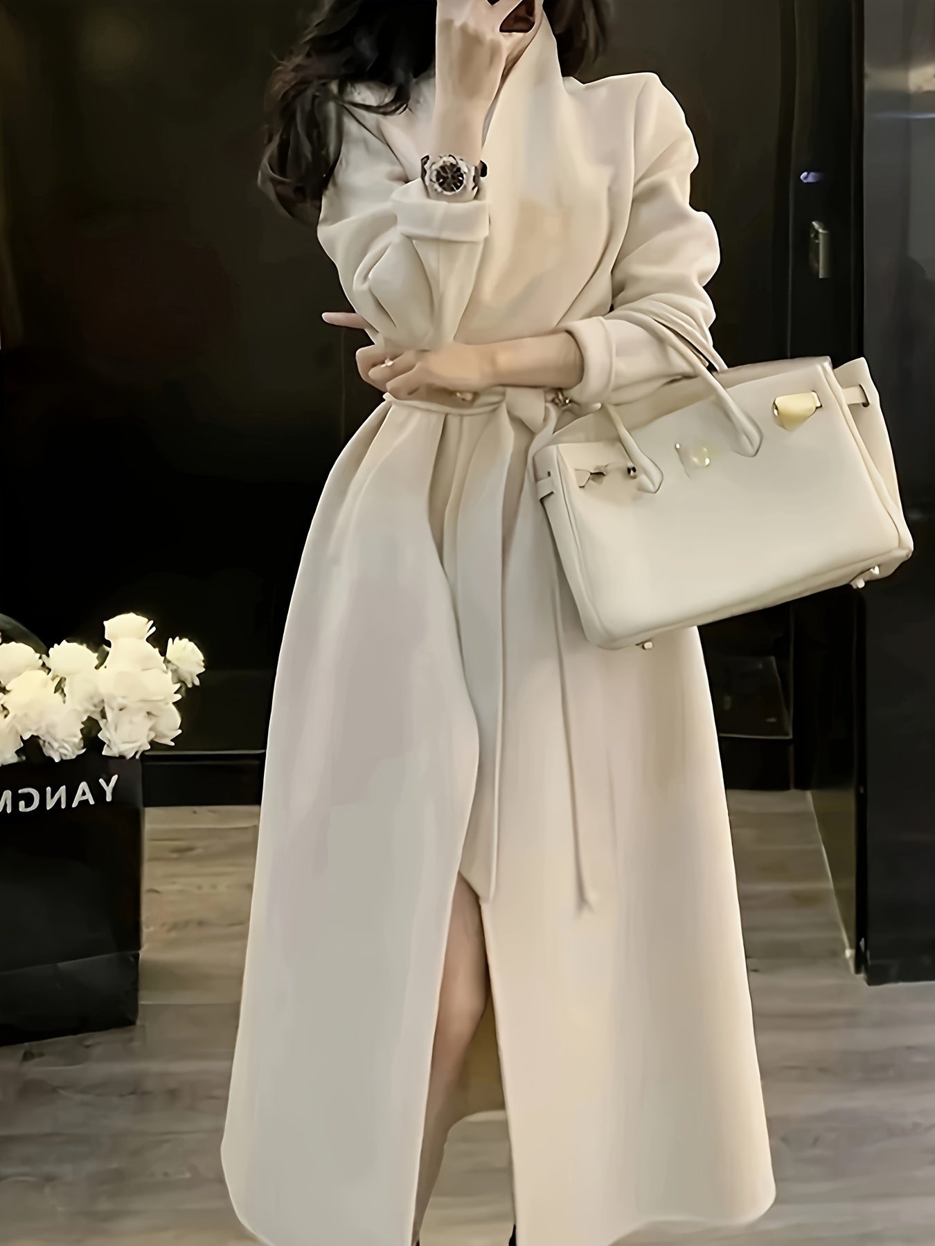 vlovelaw Solid Open Front Overcoat, Elegant Long Sleeve Belted Outwear For Fall & Winter, Women's Clothing