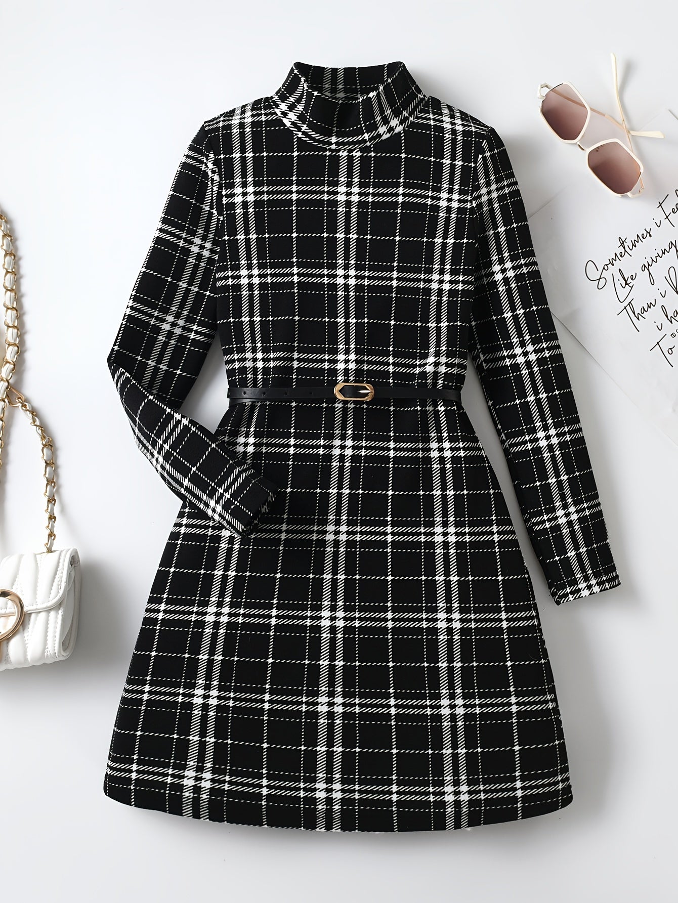 Vintage Girls' Plaid Turtleneck Long Sleeve Dress Kids Clothes For Fall Party