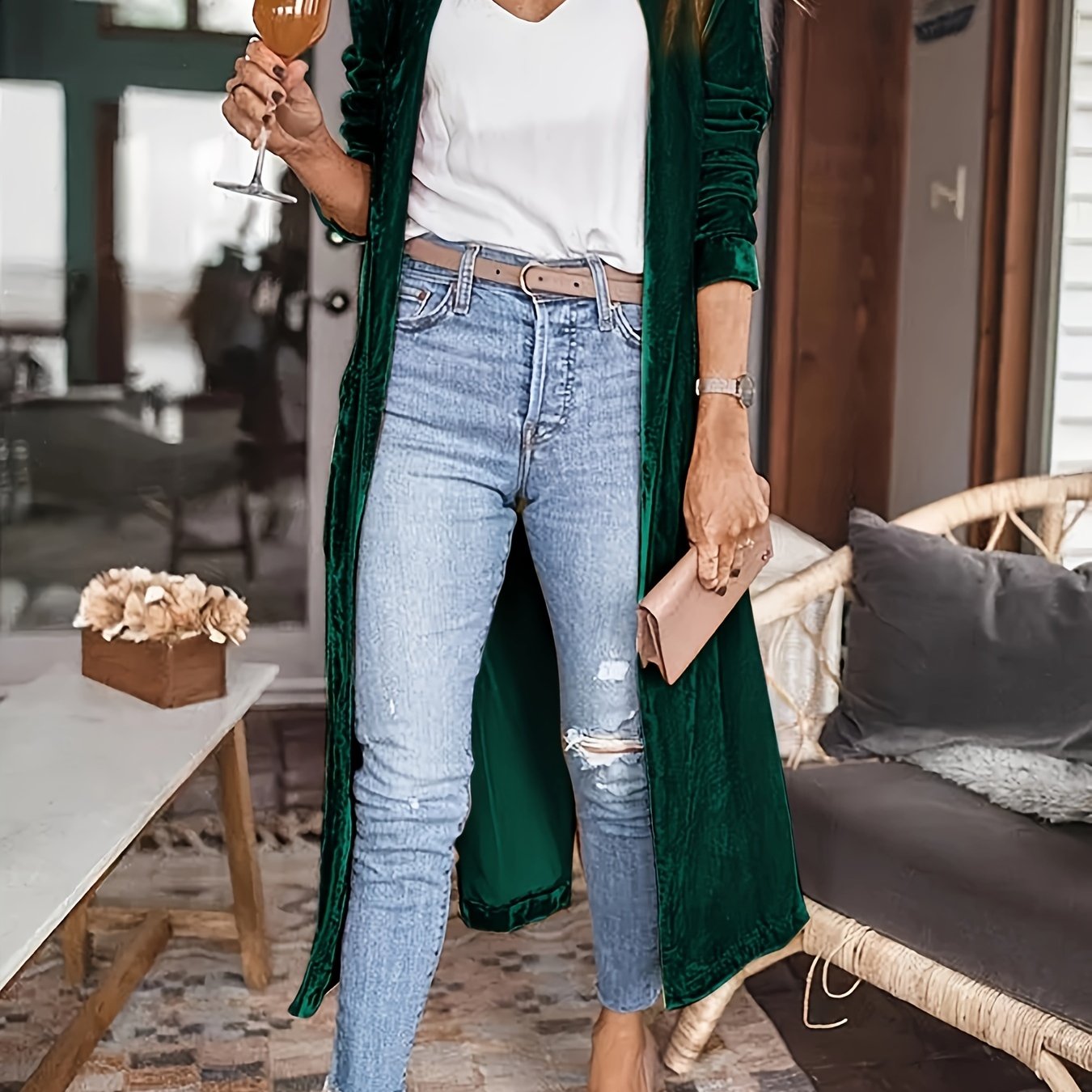 Velvet V-neck Loose Mid Length Cardigans, Casual Pocket Solid Color Long Sleeve Spring Fall Cardigan, Women's Clothing