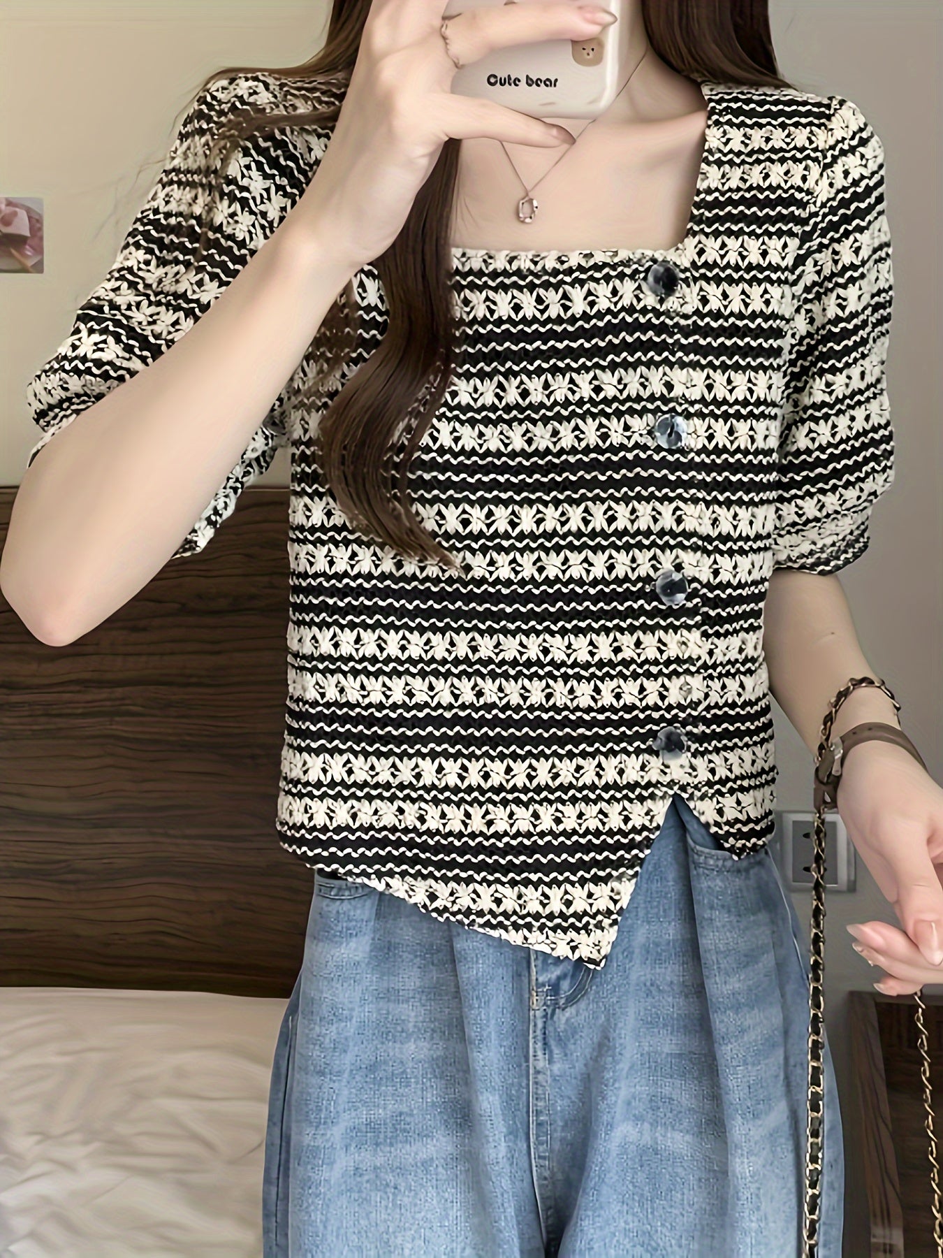 vlovelaw Striped Pattern Button Decor Blouse, Versatile Square Neck Short Sleeve Blouse For Spring & Summer, Women's Clothing