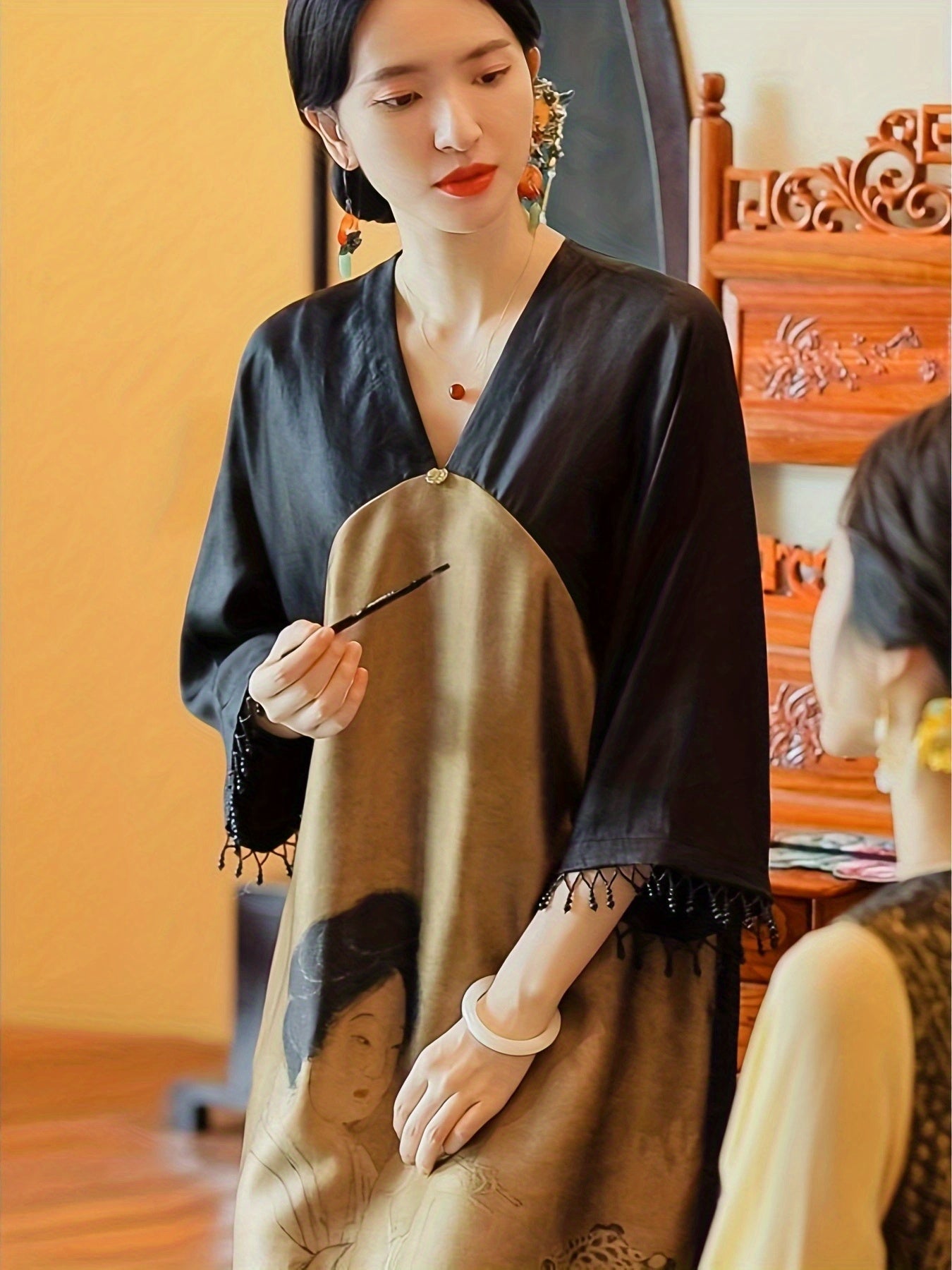Color Block V Neck Cheongsam Dress, Vintage Split Neo-Chinese Style Qipao Dress, Women's Clothing