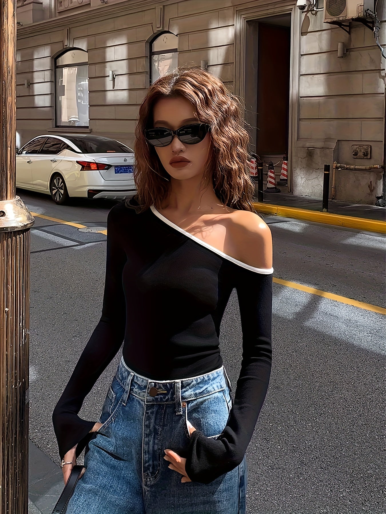 Contrast Trim One Shoulder T-shirt, Sexy Long Sleeve Top For Spring & Fall, Women's Clothing