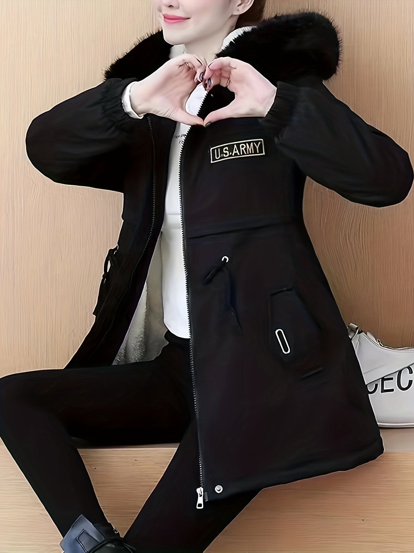 vlovelaw Fluffy Trim Zip Up Coat, Casual Solid Long Sleeve Winter Outerwear, Women's Clothing