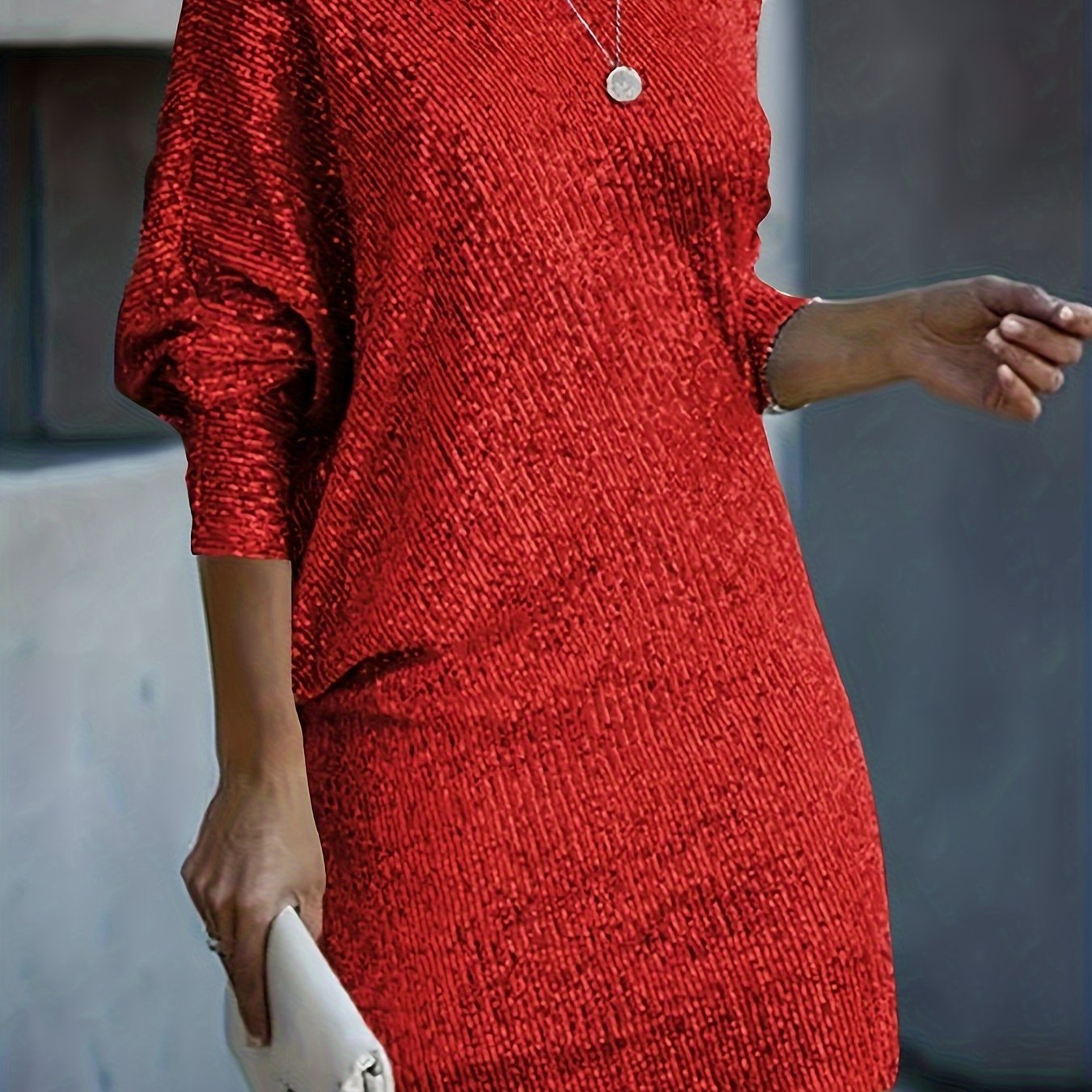 vlovelaw Contrast Sequin Solid Dress, Party Wear V Neck Long Sleeve Dress, Women's Clothing