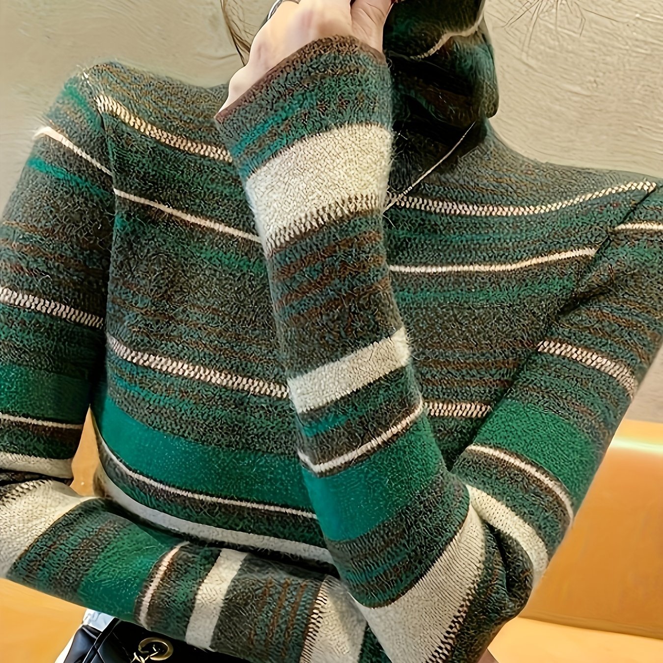 vlovelaw Stripes Print Turtle Neck Pullover Sweater, Elegant Long Sleeve Knitted Sweater For Fall & Winter, Women's Clothing