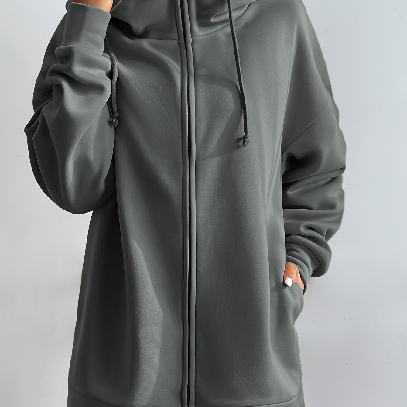 vlovelaw Solid Color Casual Sports Hooded Zipper Sweatshirs, Long Sleeve Drawstring Hoodie, Women's Sporty Sweatshirts