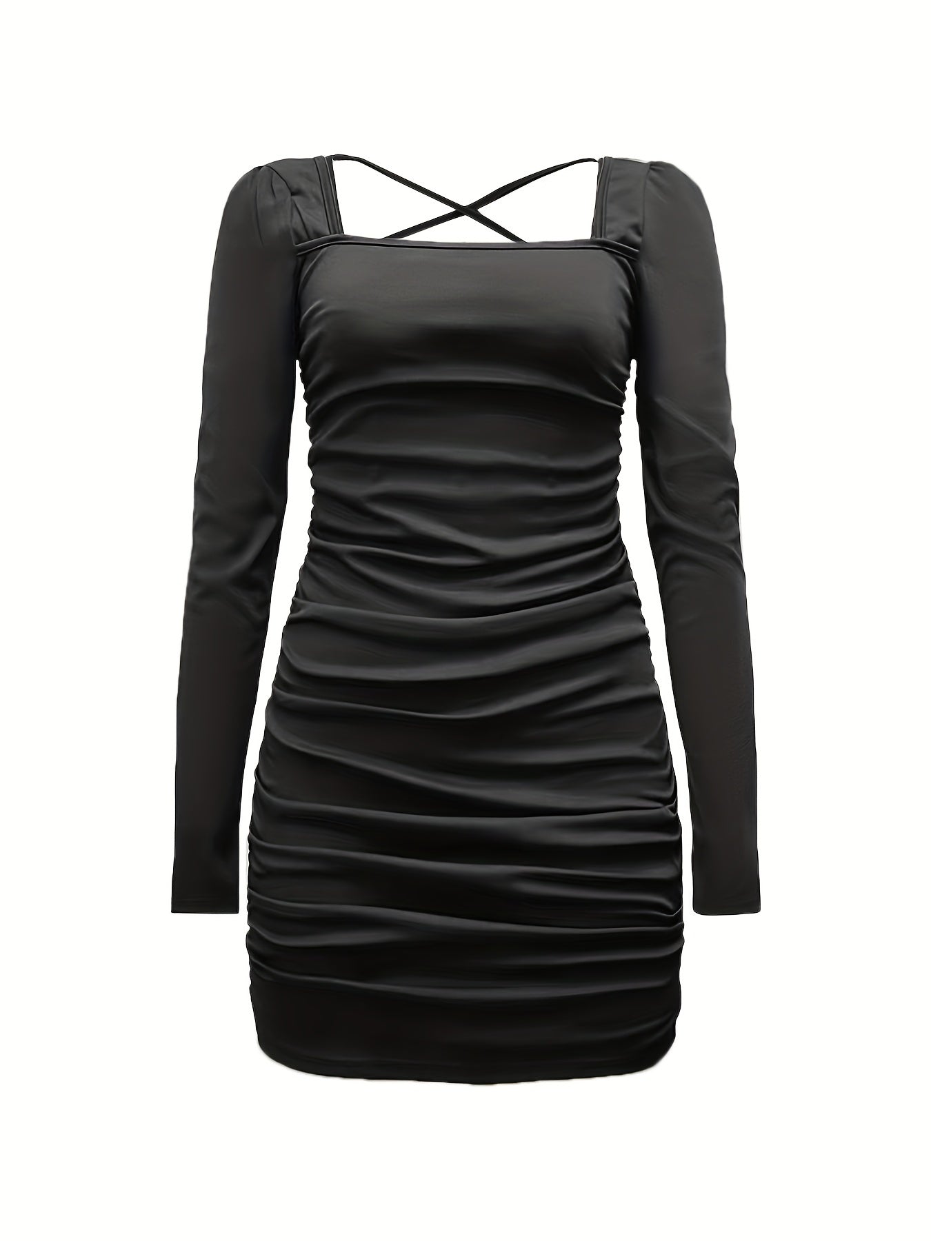 vlovelaw Backless Ruched Dress, Sexy Squared Neck Long Sleeve Bodycon Dress, Women's Clothing