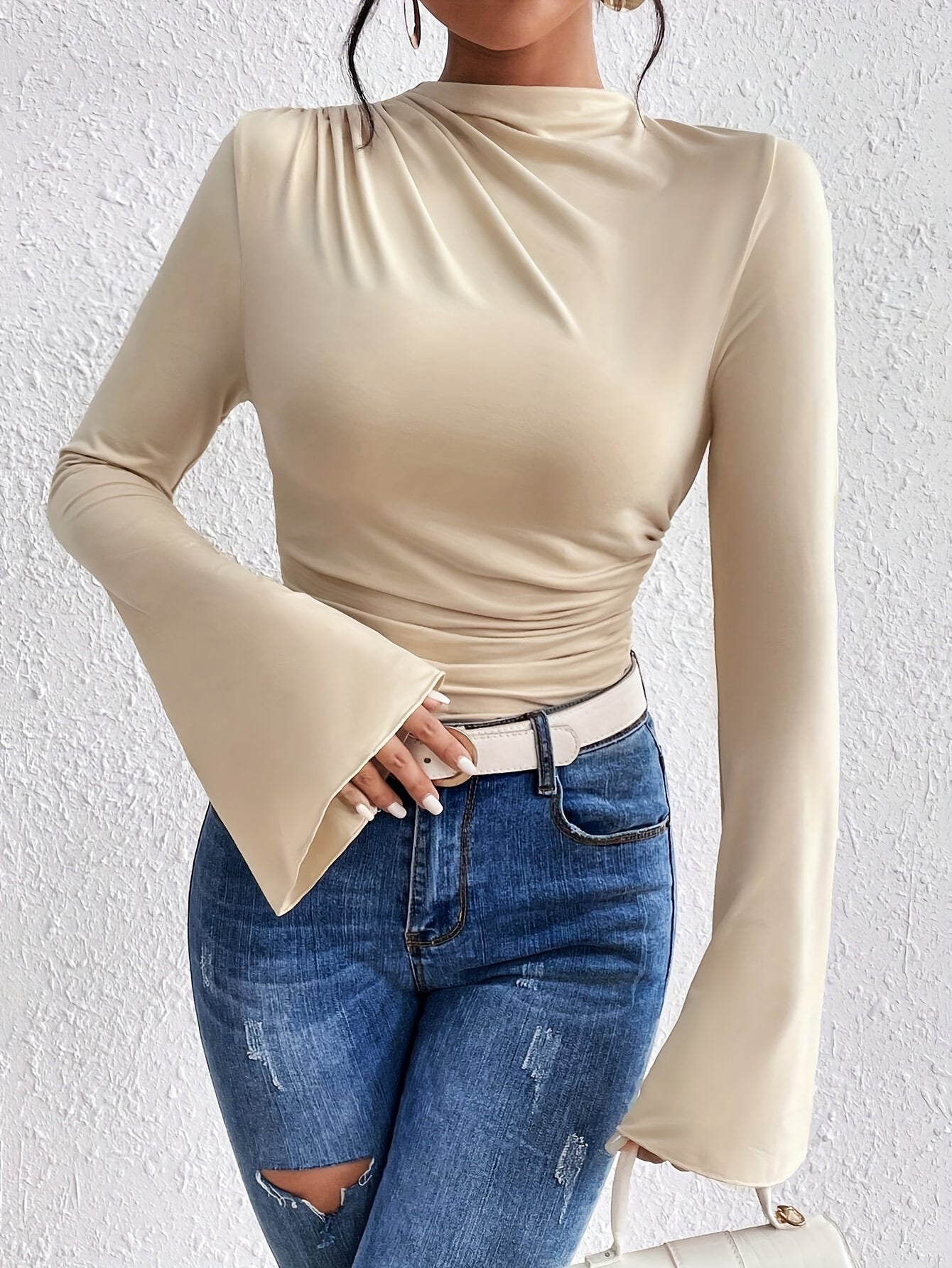 vlovelaw Solid Color Crew Neck T-Shirt, Casual Flare Sleeve T-Shirt For Spring & Fall, Women's Clothing