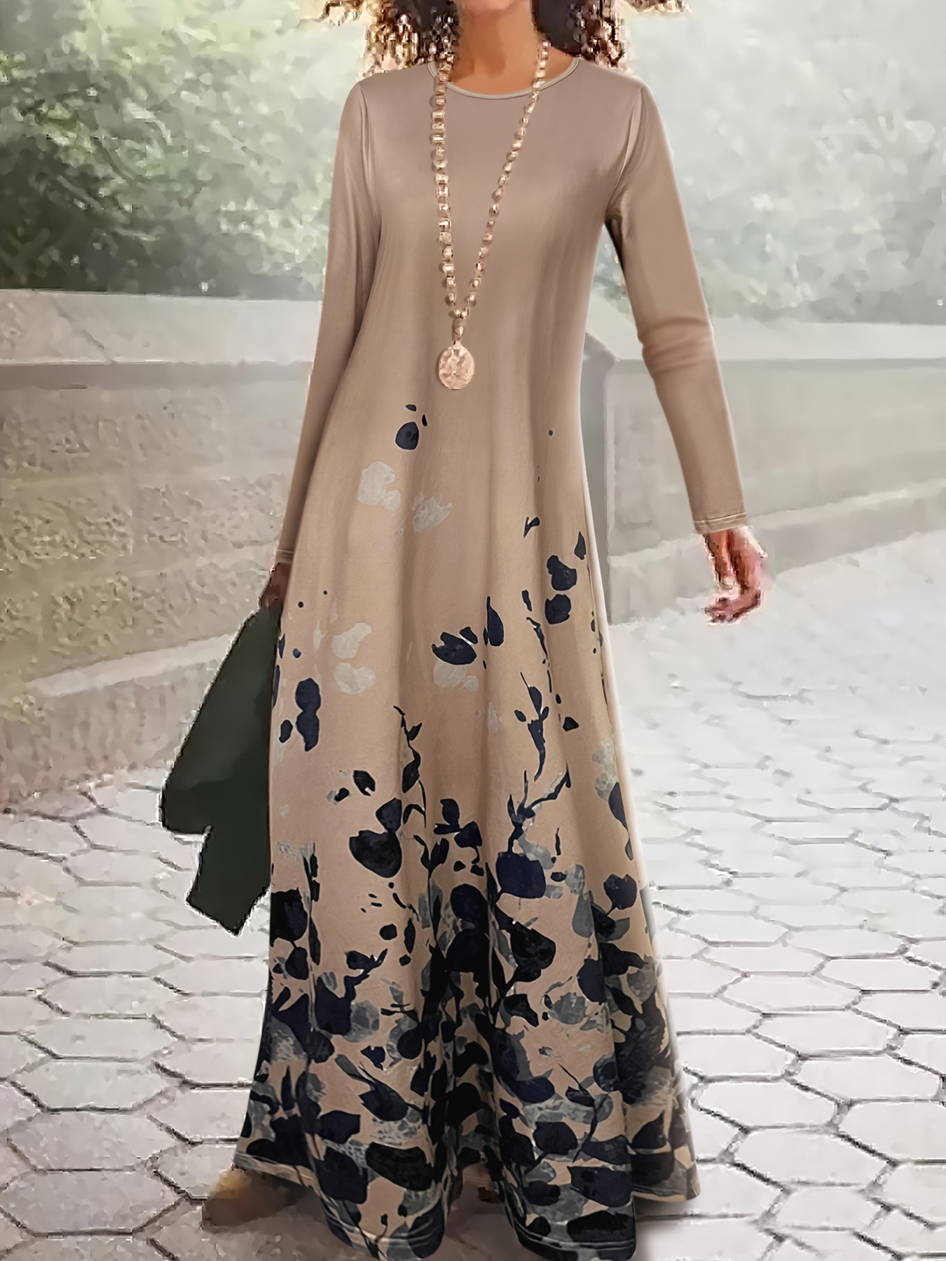 Floral Print Maxi Dress, Elegant Crew Neck Long Sleeve Dress, Women's Clothing