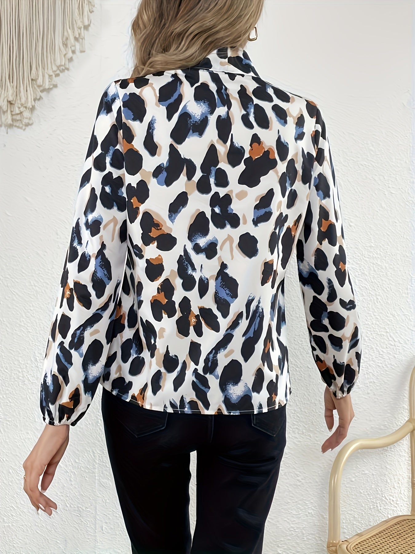 vlovelaw Leopard Bow Tie Blouse, Elegant Long Sleeve Stand Collar Blouse, Women's Clothing