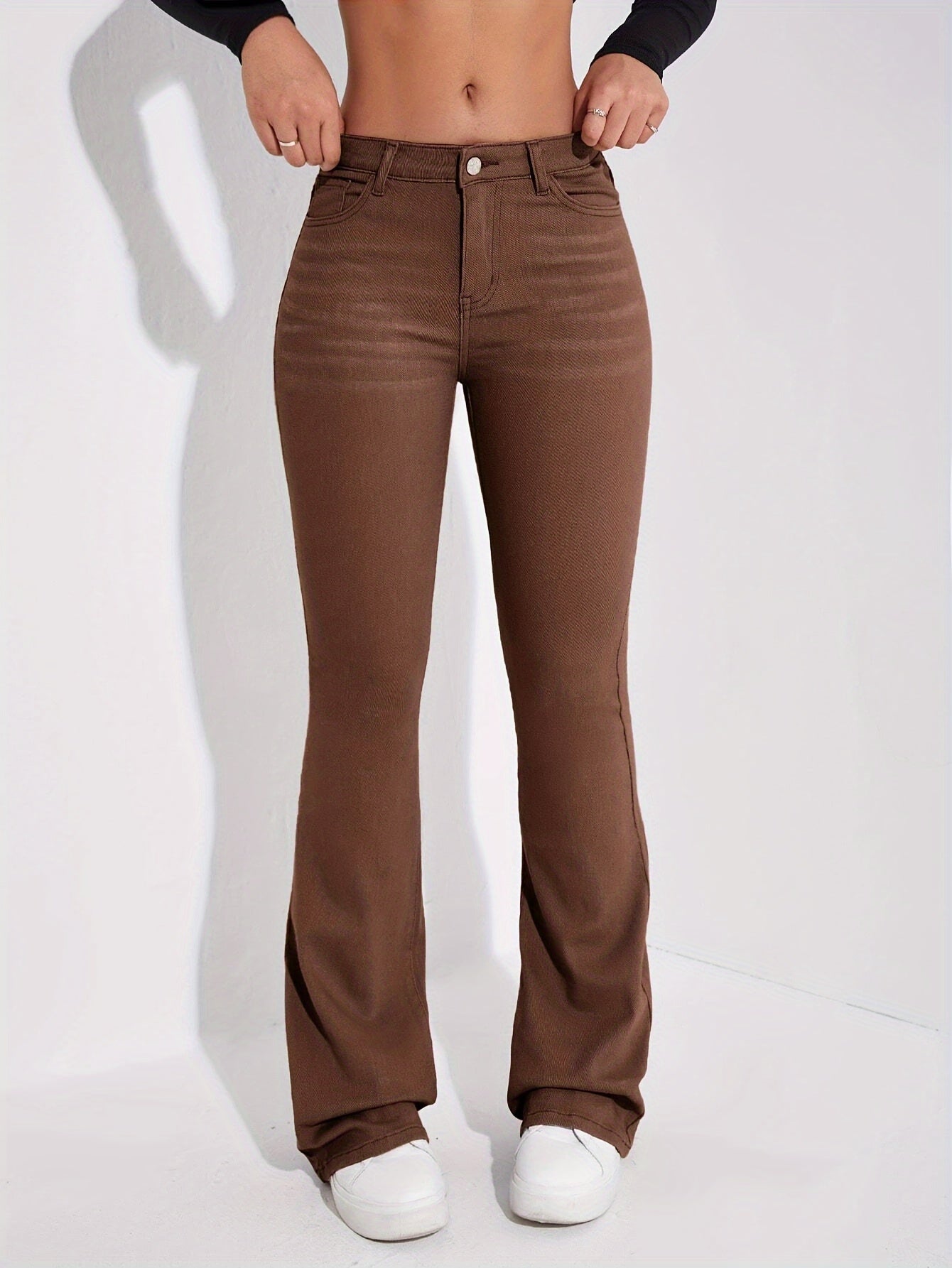 vlovelaw Solid Color Bootcut Jeans, Slant Pocket Mid-stretch Fitted Denim Pants, Women's Denim Jeans & Clothing