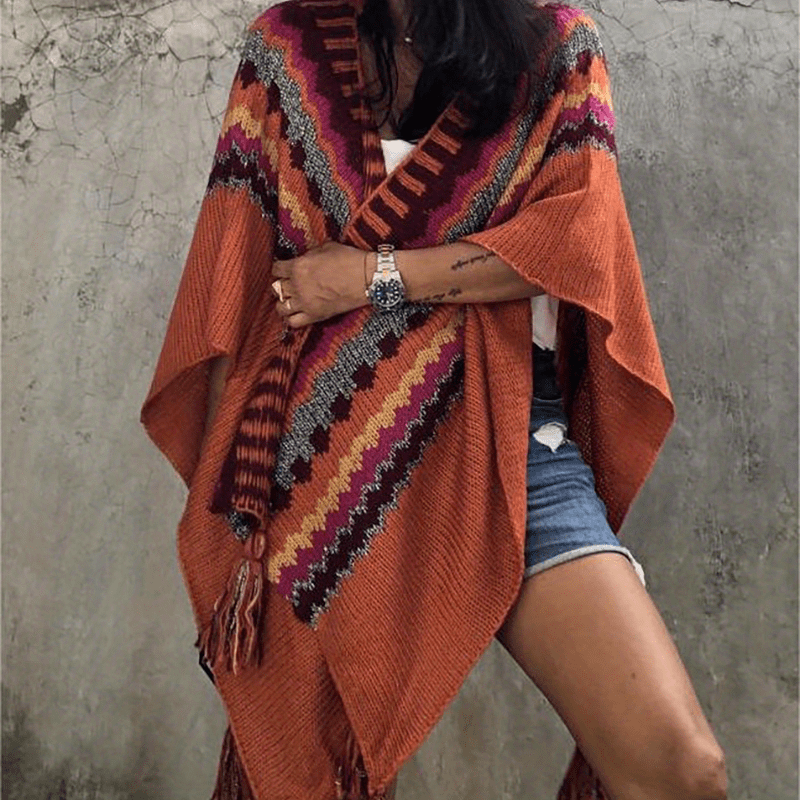 vlovelaw Bohemia Elegant Stretch Shawl Multi-color Striped Knitted Tassel Shawl Casual Warm Travel Outwear Wrap