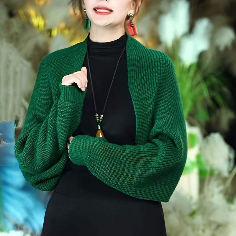 vlovelaw Solid Color Knitted Shawl, Leisure Style Batwing Sleeves Cardigan, Autumn Winter Thick Coldproof Warm Wrap For Women