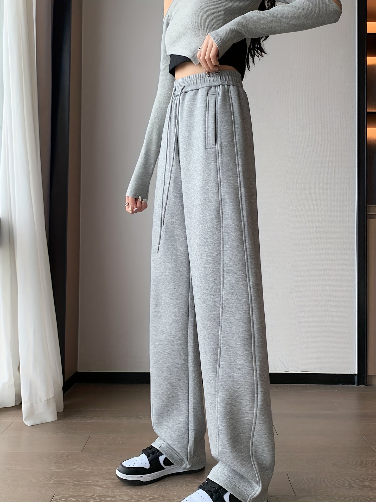 Pocket Solid Straight Leg Pants, Casual Drawstring Elastic Waist Pants, Women's Clothing