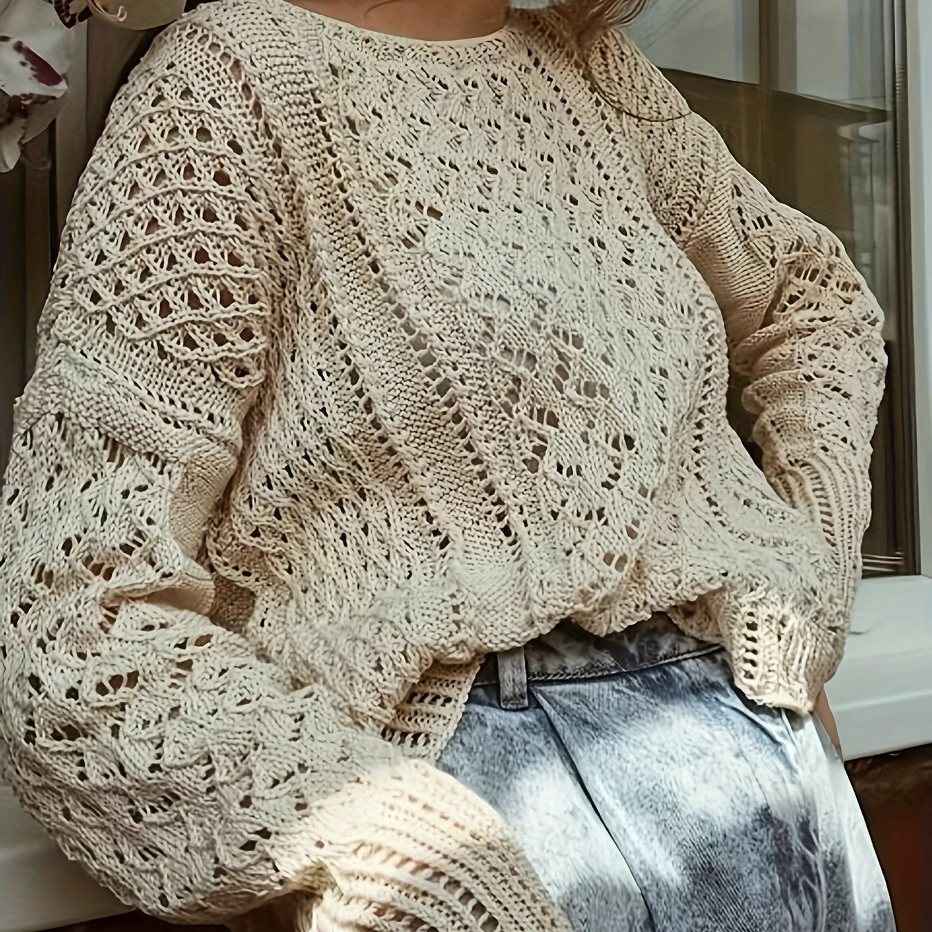 vlovelaw Solid Boat Neck Knit Pullover Sweater, Elegant Hollow Out Long Sleeve Loose Sweater, Women's Clothing