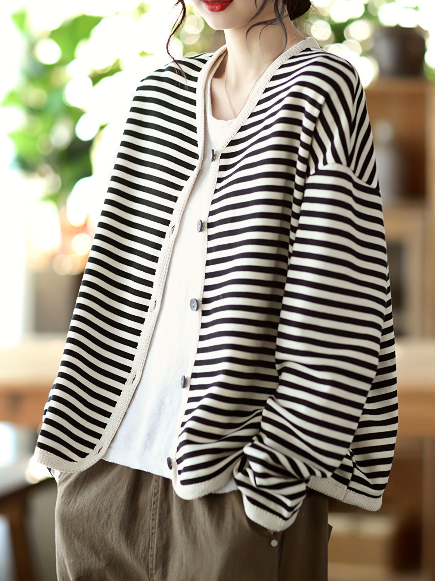 vlovelaw Striped Print Button Front Jacket, Casual V Neck Long Sleeve Outerwear For Spring & Summer, Women's Clothing