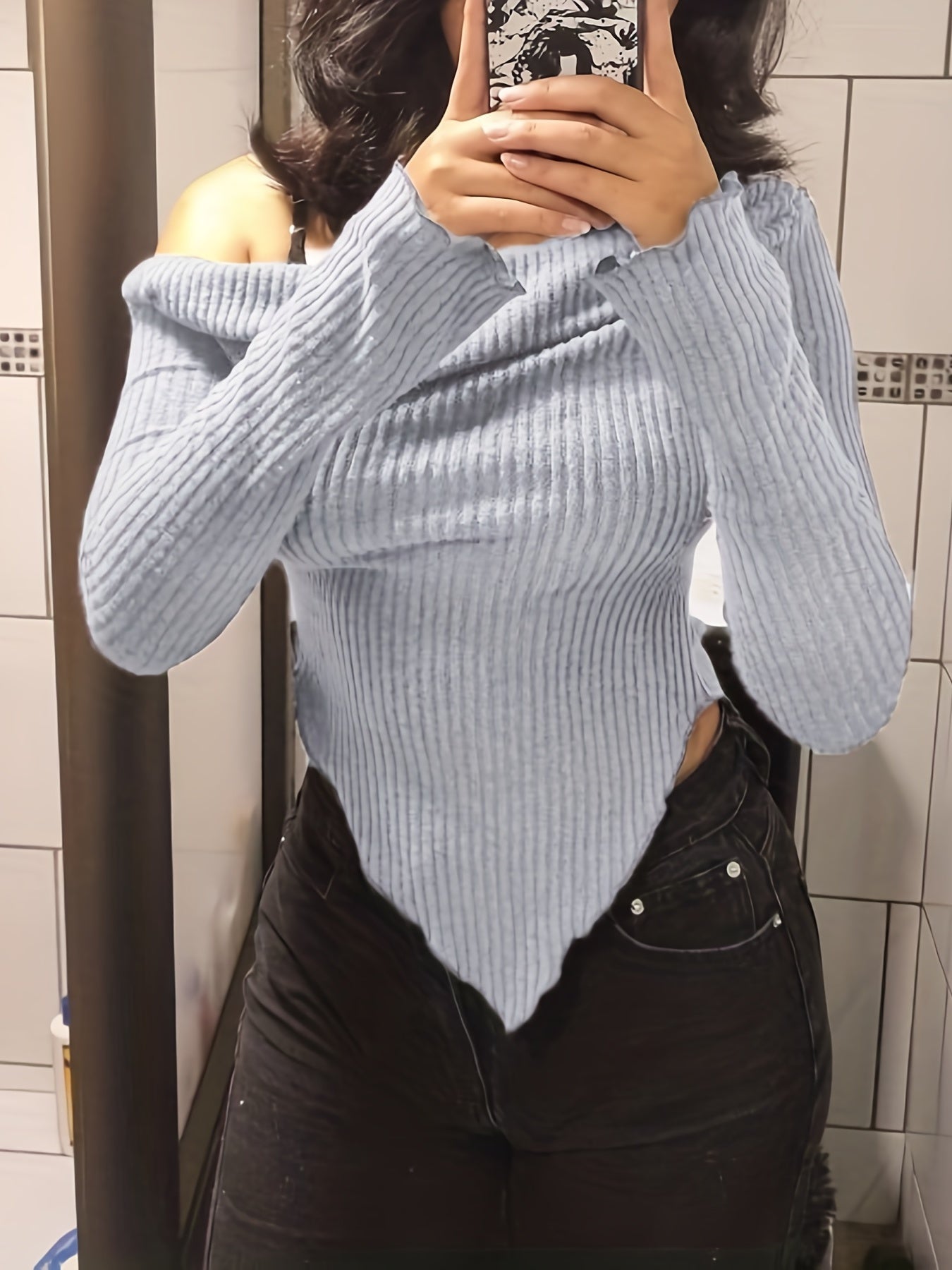vlovelaw Solid Ruched Asymmetrical Neck T-Shirt, Casual Hanky Hem Long Sleeve Top For Spring & Fall, Women's Clothing