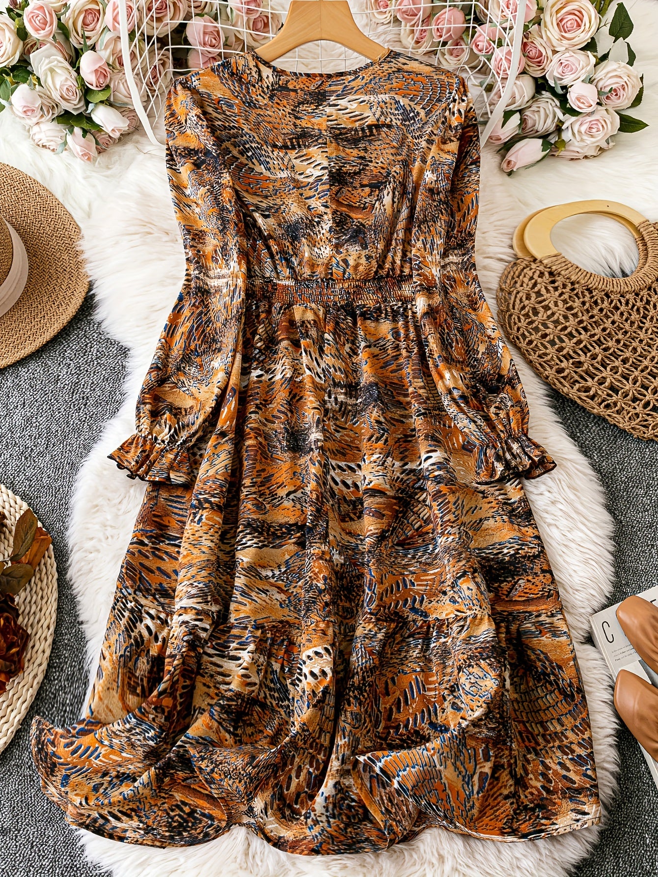 vlovelaw Floral Print Ruffle Hem Dress, Elegant Waist Shirred Long Sleeve Dress For Every Day, Women's Clothing