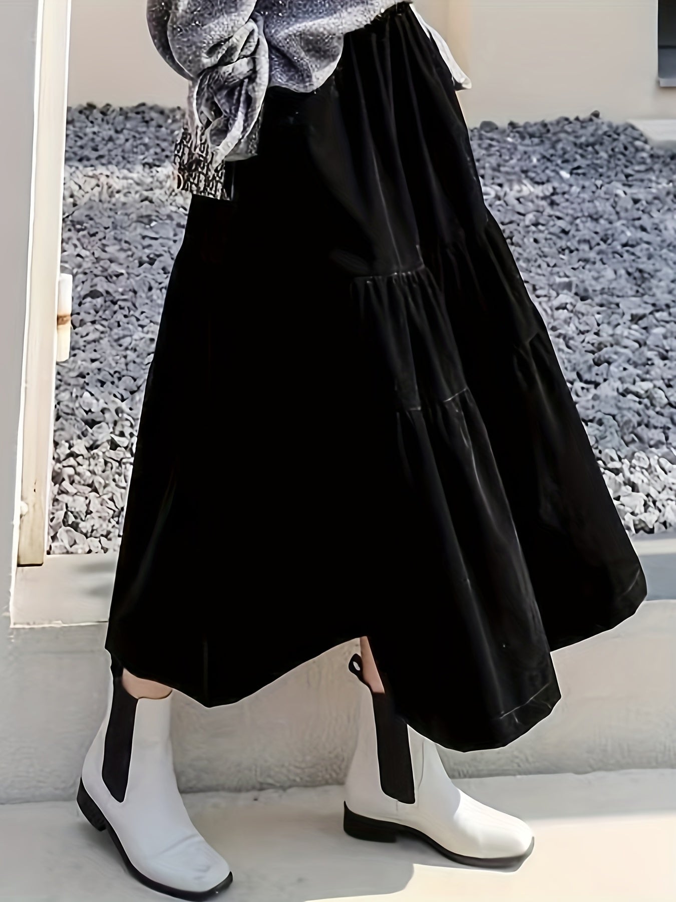 vlovelaw Solid High Waist Skirt, Boho Ruched Draped Skirt, Women's Clothing