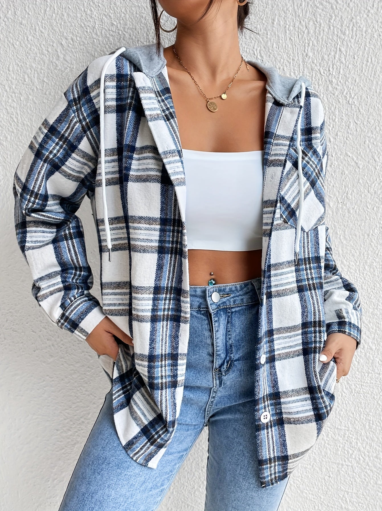 vlovelaw  Button Plaid Hoodie Drawstring Jacket, Casual Long Sleeve Jacket For Fall & Winter, Women's Clothing