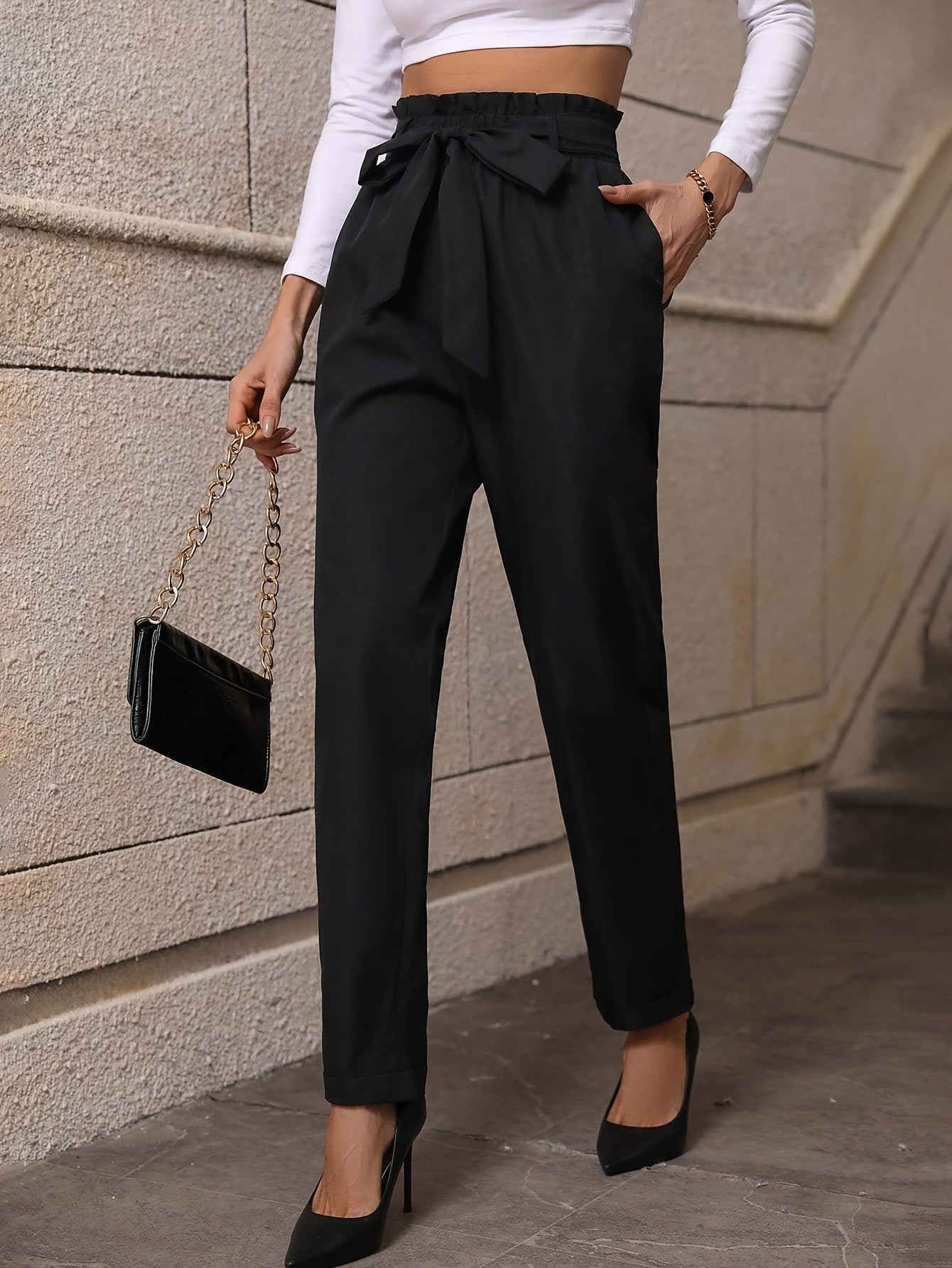 vlovelaw Solid Paper Bag Waist Pencil Pants, Casual Belted Slant Pocket Versatile Pants, Women's Clothing