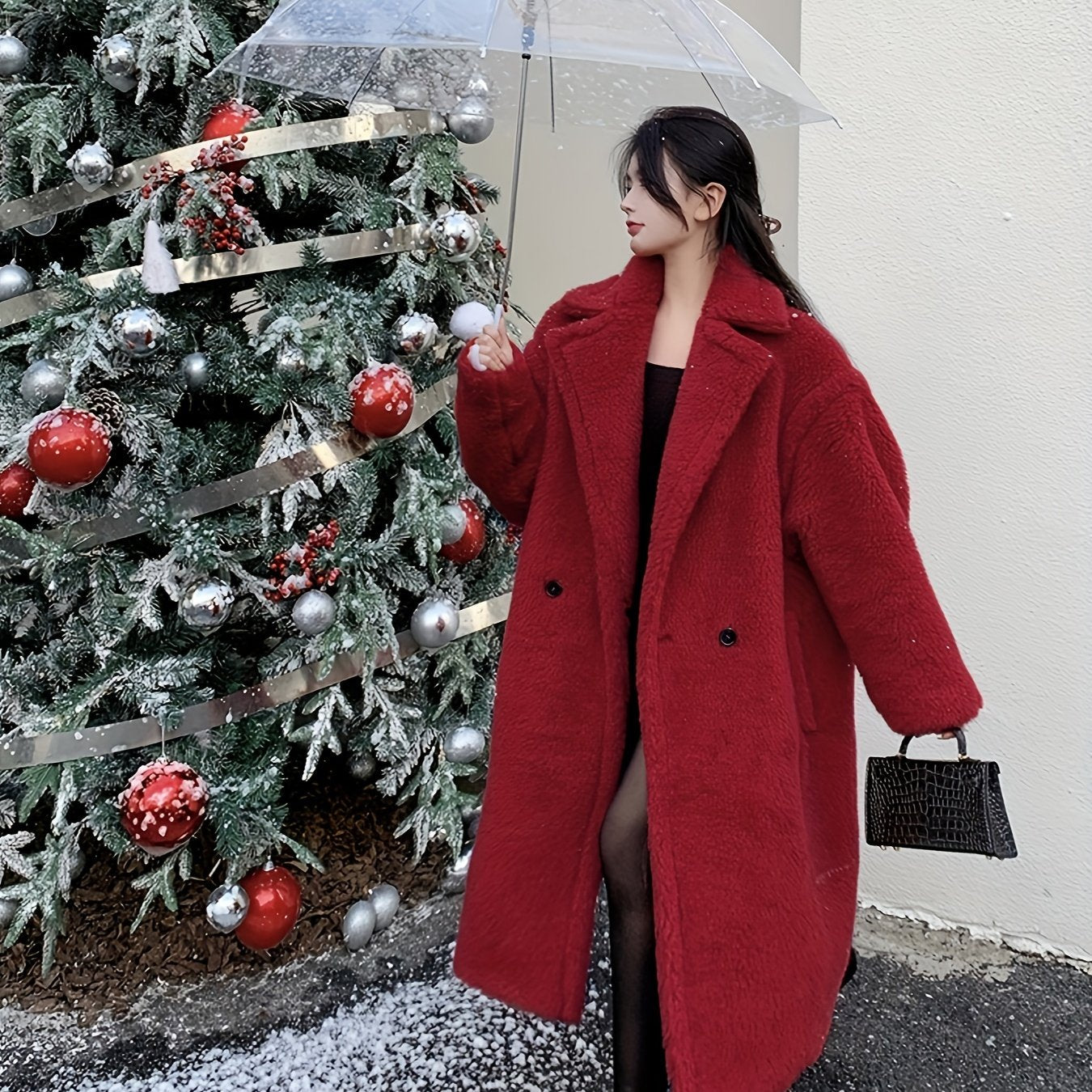 Winter Lapel Teddy Overcoat, Long Length Solid Casual Coat, Women's Clothing
