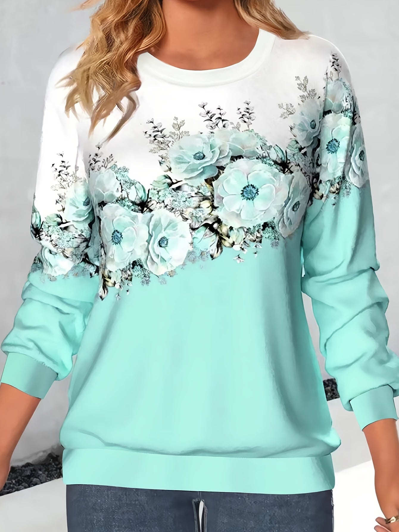 vlovelaw Crew Neck Flowers Print Sweatshirt, Casual Sports Running Long Sleeve Tops, Women's Clothing